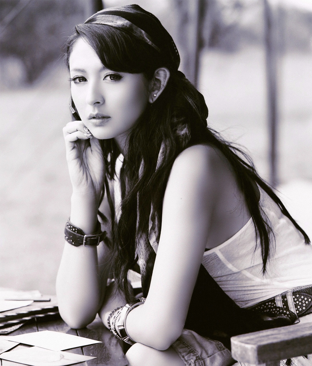 leah dizon, highres, photo (medium), africa, belt, headscarf, kenya, monochrome, shorts, tank top