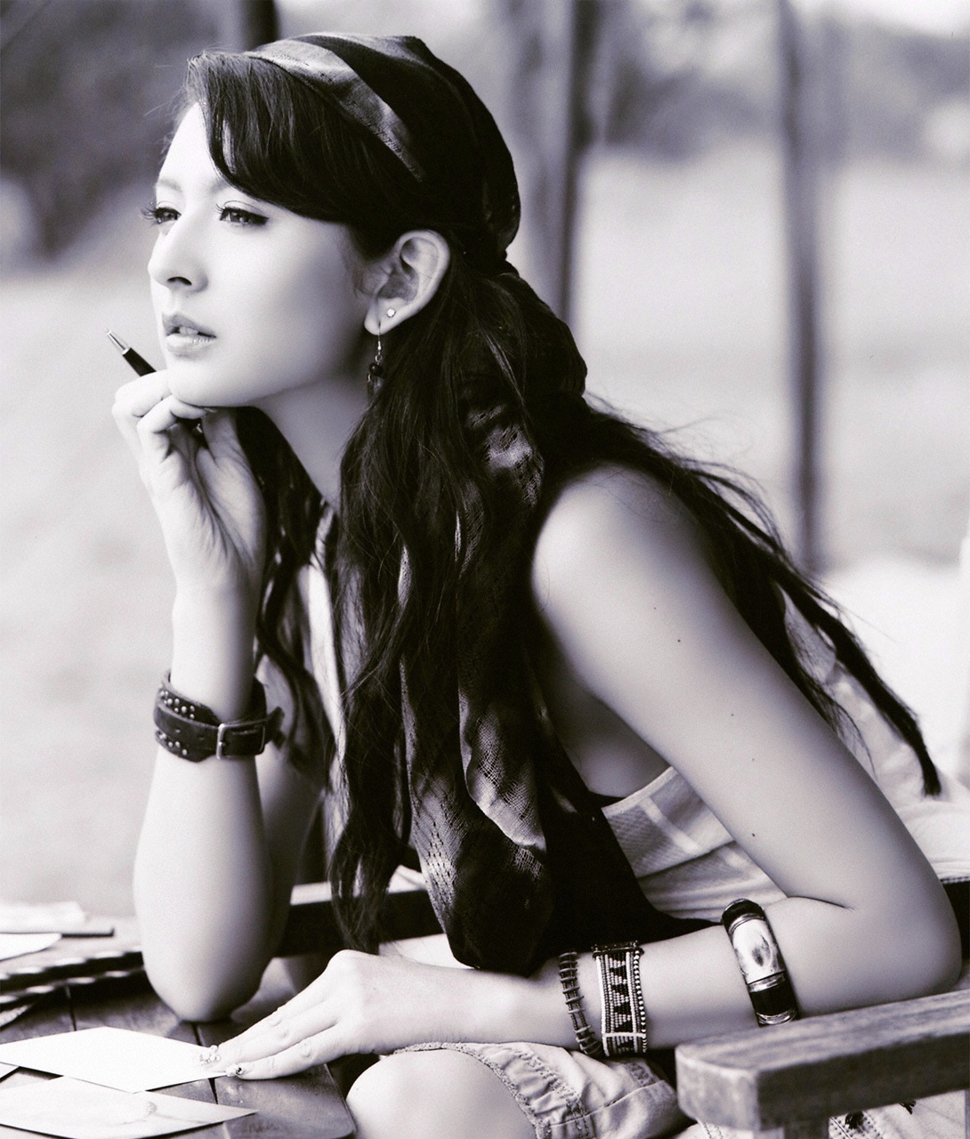 leah dizon, highres, photo (medium), africa, belt, headscarf, kenya, monochrome, shorts, tank top