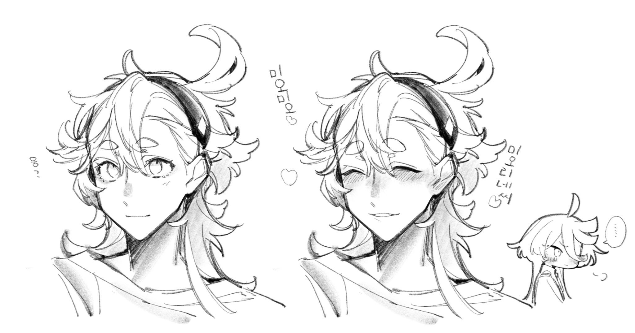 zhuotian, miorine rembran, suletta mercury, gundam, gundam suisei no majo, commentary, highres, translation request, …, 2girls, blush, closed eyes, closed mouth, greyscale, hairband, korean text, long hair, monochrome, multiple girls, parted lips, smile, spoken ellipsis, thick eyebrows, upper body