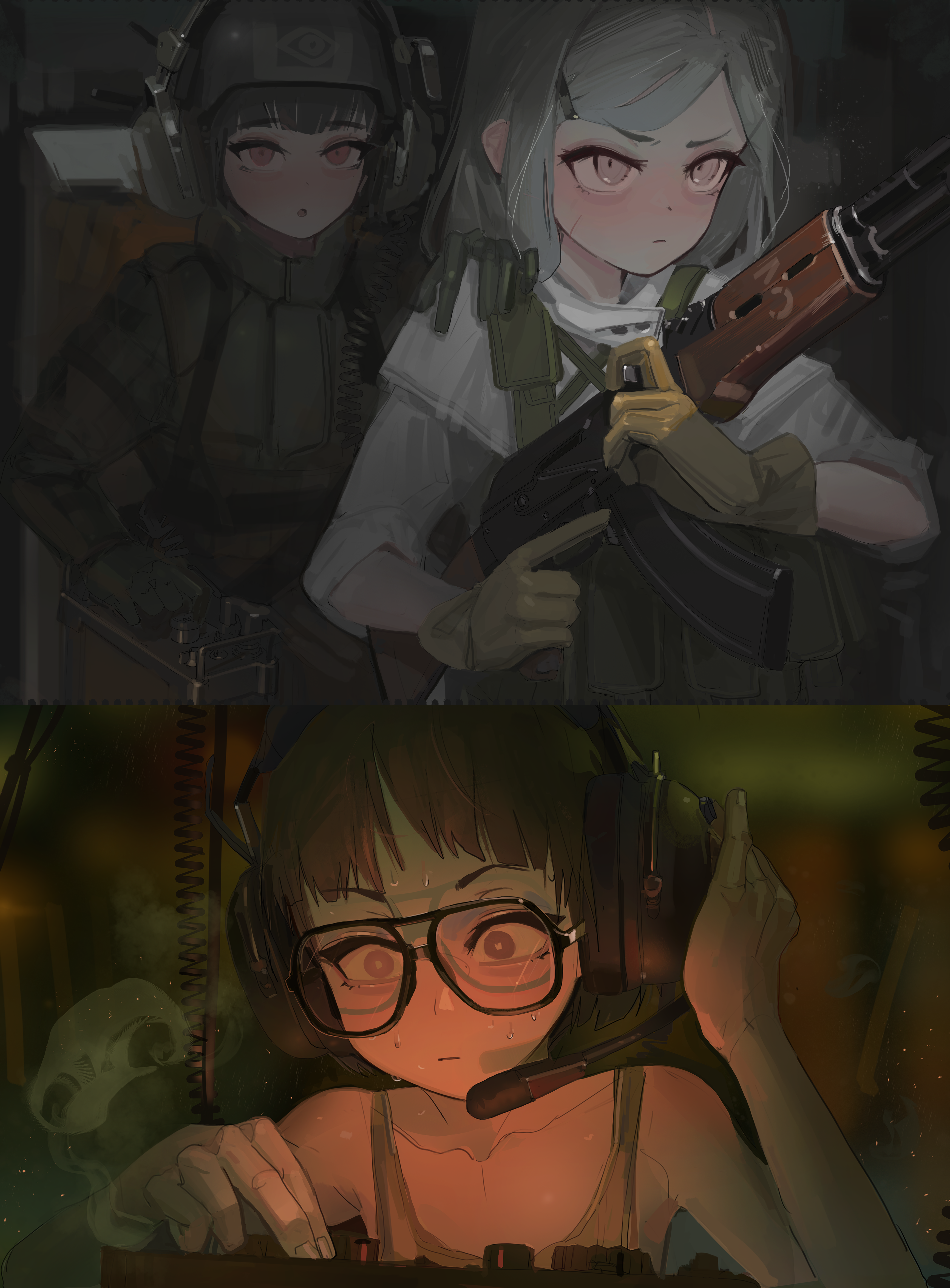 polilla, original, absurdres, commentary, english commentary, highres, 3girls, glasses, gloves, gun, hand on another's shoulder, headphones, helmet, holding, holding gun, holding weapon, military uniform, multiple girls, short hair, weapon