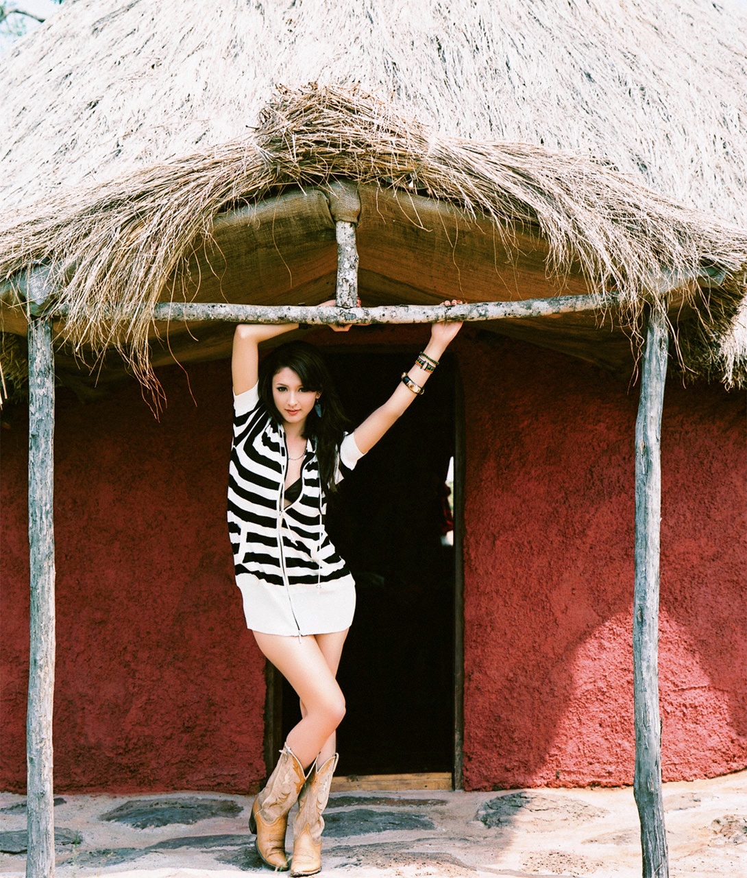 leah dizon, striped, highres, photo (medium), africa, bikini, bikini top only, boots, dress, kenya, swimsuit