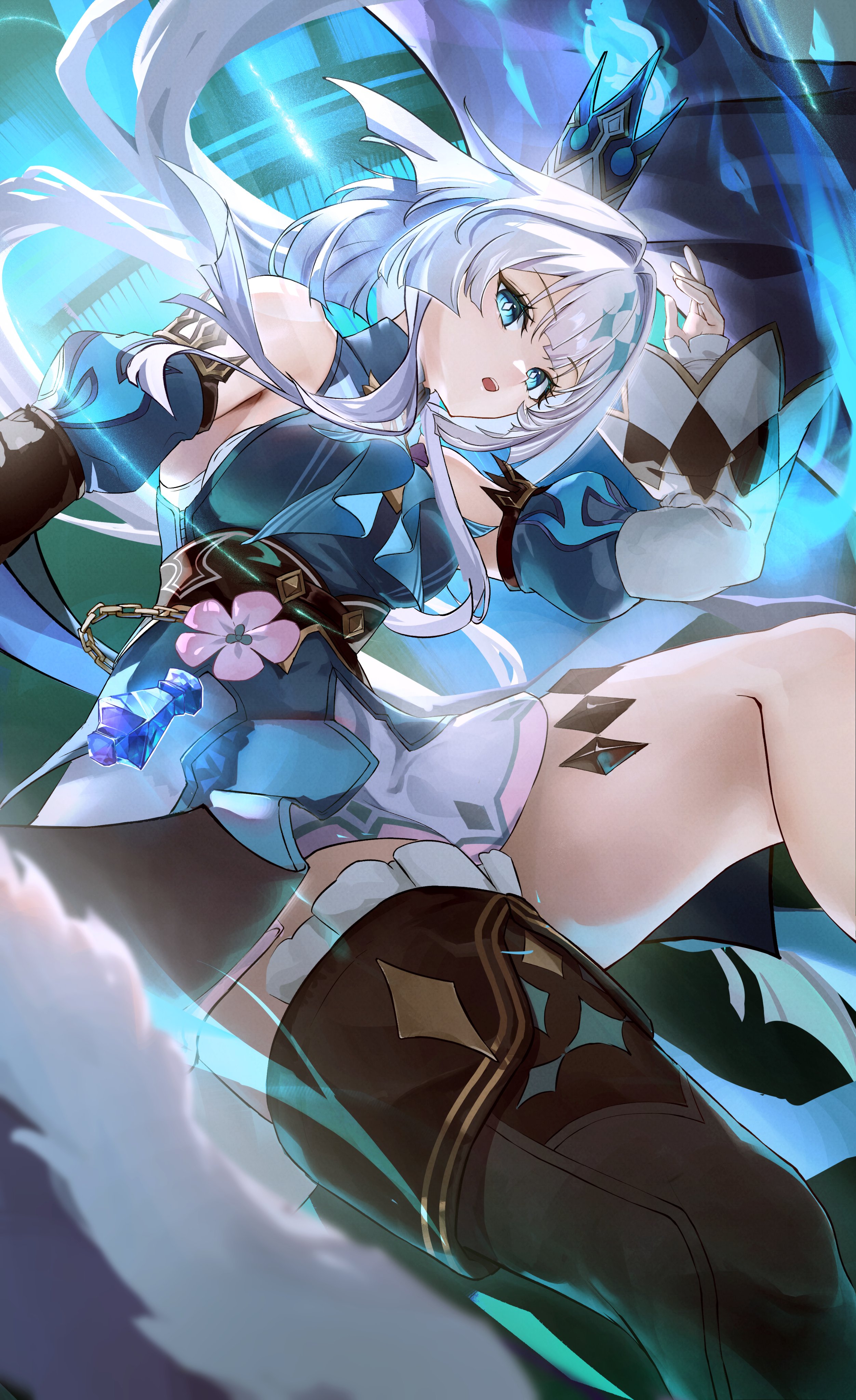 otabaaa, cerydra (honkai: star rail), honkai: star rail, honkai (series), absurdres, commentary, highres, revision, 1girl, black thighhighs, blue dress, blue eyes, blue hair, breasts, crown, detached sleeves, dress, hair intakes, long hair, medium breasts, open mouth, single thighhigh, solo, thighhighs, thighs, wings