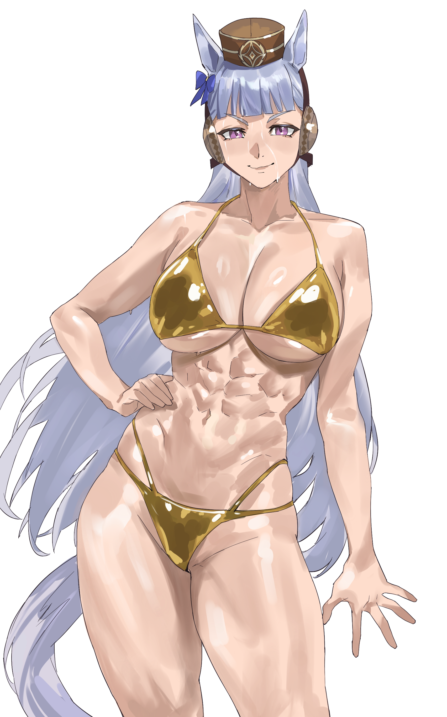 taiyang yu, gold ship (umamusume), umamusume, absurdres, commentary request, highres, 1girl, abs, animal ears, armpit crease, bare arms, bare shoulders, bikini, blunt bangs, bow, breasts, cleavage, closed mouth, collarbone, contrapposto, cowboy shot, gold bikini, groin, hair bow, hand on own hip, horse ears, horse girl, horse tail, large breasts, long hair, looking at viewer, multi-strapped bikini bottom, muscular, muscular female, navel, pillbox hat, purple eyes, simple background, solo, stomach, swimsuit, tail, thick thighs, thighs, wet face, white background