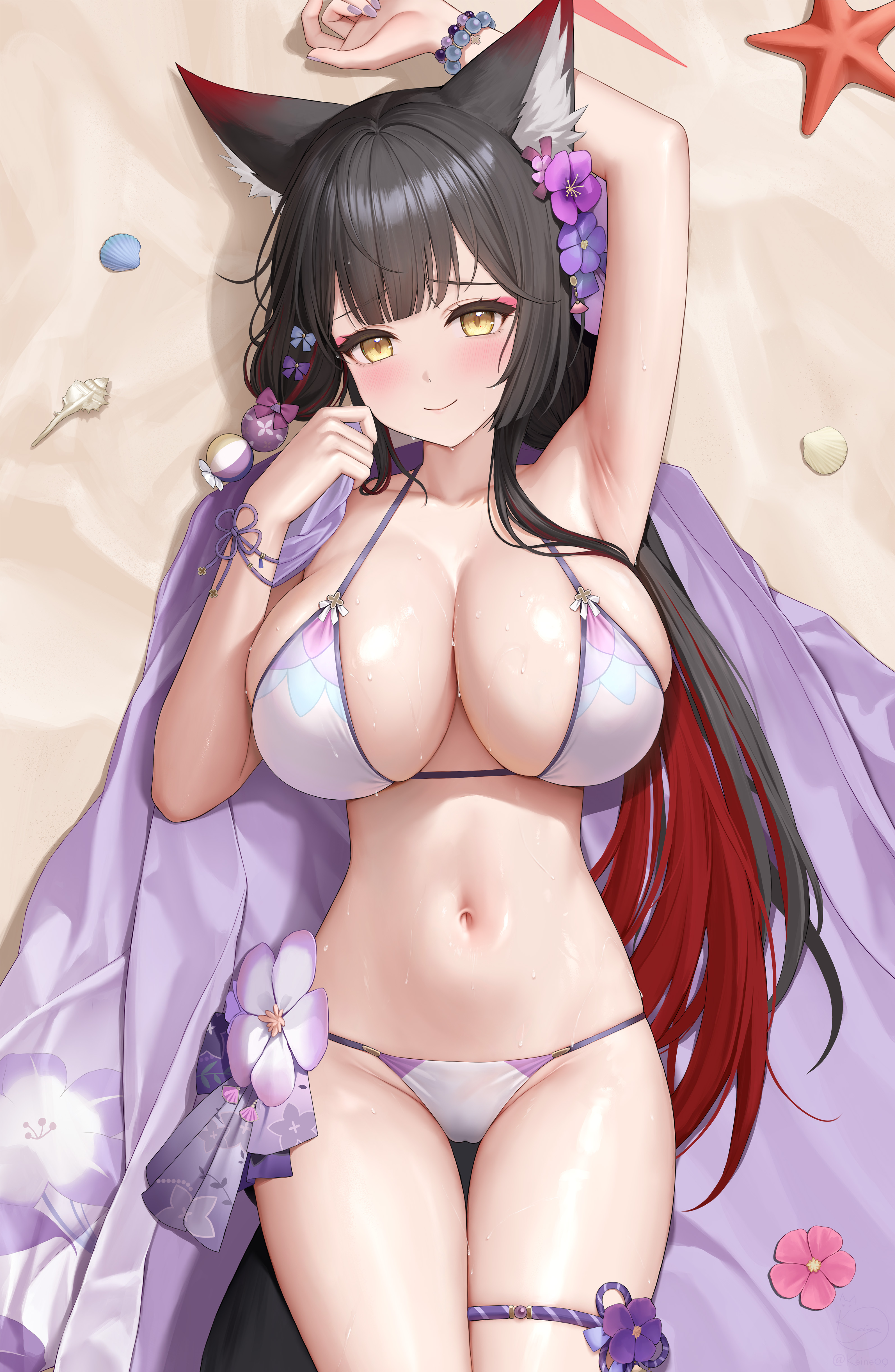 keine09, wakamo (blue archive), blue archive, absurdres, commentary request, highres, 1girl, animal ears, arm up, armpits, bare shoulders, bead bracelet, beads, bikini, bikini pull, black hair, bracelet, breasts, cameltoe, cleavage, closed mouth, clothes pull, collarbone, eyeshadow, floral print, flower, fox ears, fox girl, fox tail, hair bun, halterneck, hand up, haori, japanese clothes, jewelry, large breasts, long hair, looking at viewer, low ponytail, lying, makeup, multicolored hair, navel, official alternate costume, on back, ponytail, purple flower, purple haori, red hair, sand, skindentation, smile, solo, stomach, string bikini, swimsuit, tail, thigh strap, thighs, two-tone hair, very long hair, wet, white bikini, yellow eyes