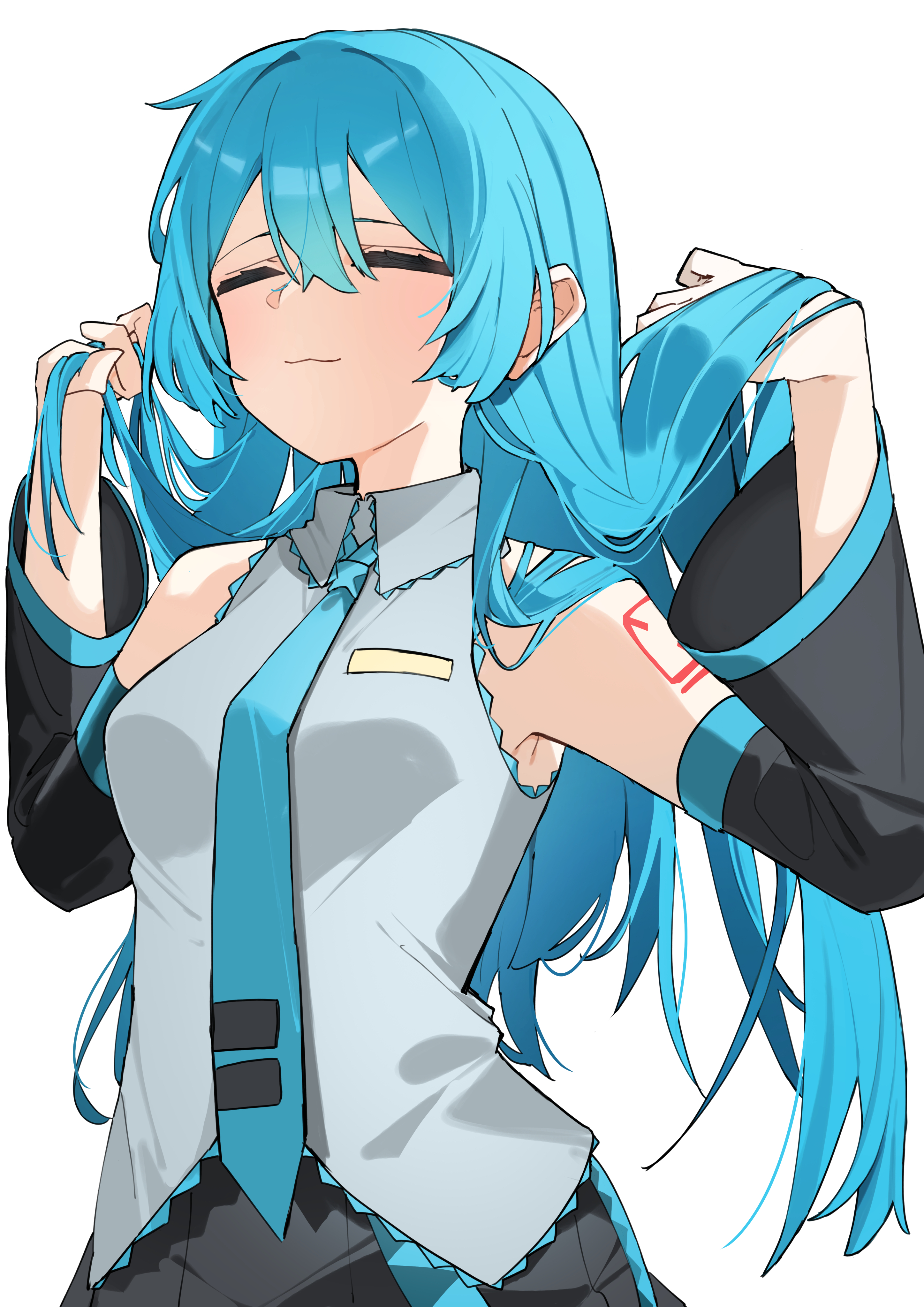 nun178089, hatsune miku, vocaloid, absurdres, hashtag-only commentary, highres, 1girl, :3, alternate hairstyle, arm tattoo, armpit peek, arms up, black skirt, black sleeves, blue hair, blue necktie, breasts, closed eyes, closed mouth, collared shirt, cowboy shot, detached sleeves, facing viewer, grey shirt, hair between eyes, hair flowing over, hair over shoulder, hands in own hair, long hair, necktie, number tattoo, shirt, simple background, skirt, sleeveless, sleeveless shirt, small breasts, solo, straight hair, tattoo, tie clip, white background, wing collar