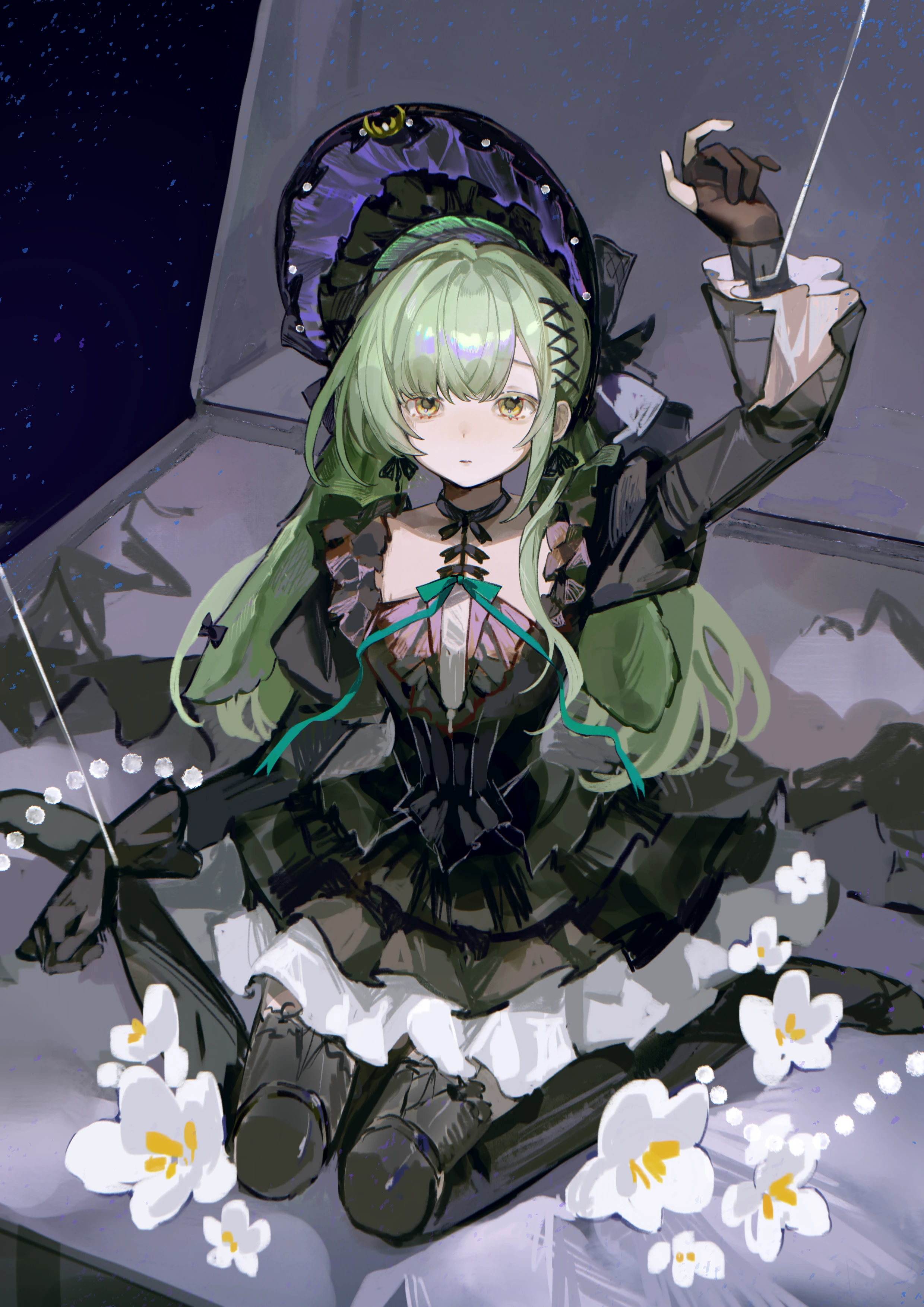 yezhi dun luobei, wakaba mutsumi, arknights, bang dream!, bang dream! it's mygo!!!!!, absurdres, highres, 1girl, animal ears, arm up, black bonnet, black boots, black dress, black gloves, bonnet, boots, box, doll joints, dress, expressionless, floppy ears, frilled dress, frills, full body, gloves, gothic lolita, green hair, hair ornament, in box, in container, joints, juliet sleeves, lolita fashion, long hair, long sleeves, looking at viewer, puffy sleeves, puppet strings, rabbit ears, rabbit girl, sidelocks, sitting, solo, wakaba mutsumi (marionette's id), x hair ornament, yellow eyes
