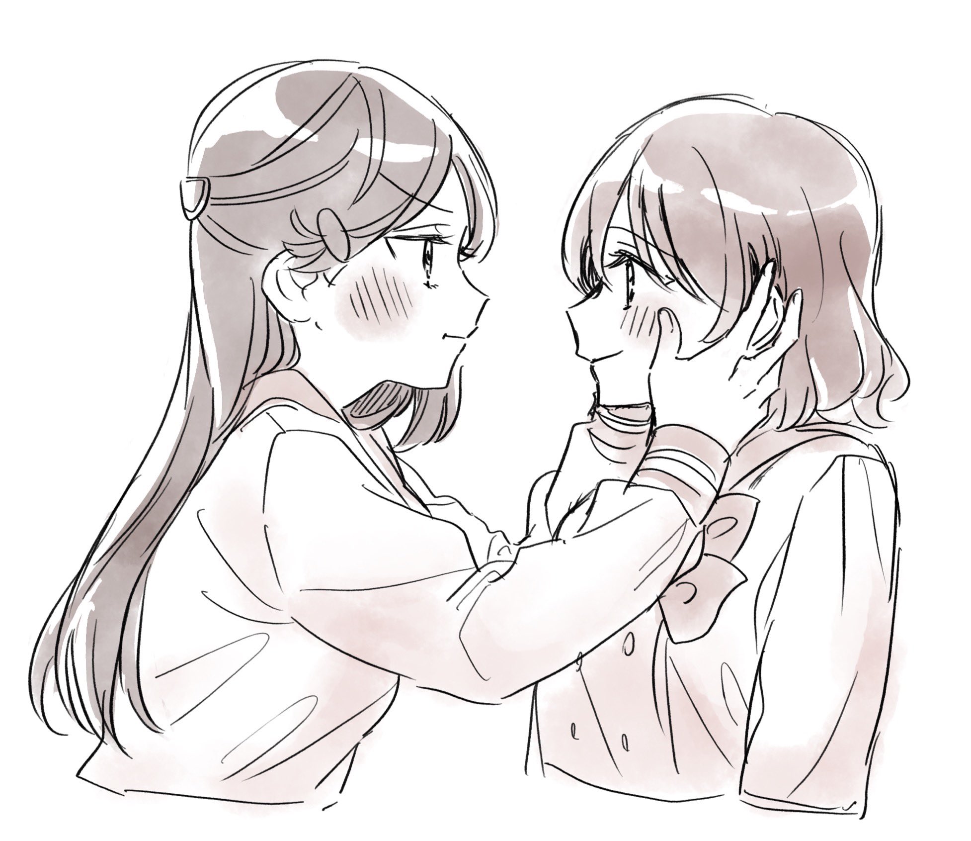 aki m m a, sakurauchi riko, watanabe you, love live!, love live! sunshine!!, commentary request, highres, 2girls, :t, blush, closed mouth, couple, cropped torso, eye contact, greyscale, long hair, long sleeves, looking at another, medium hair, monochrome, multiple girls, school uniform, shirt, simple background, sketch, smile, straight hair, v-shaped eyebrows, white background, yuri