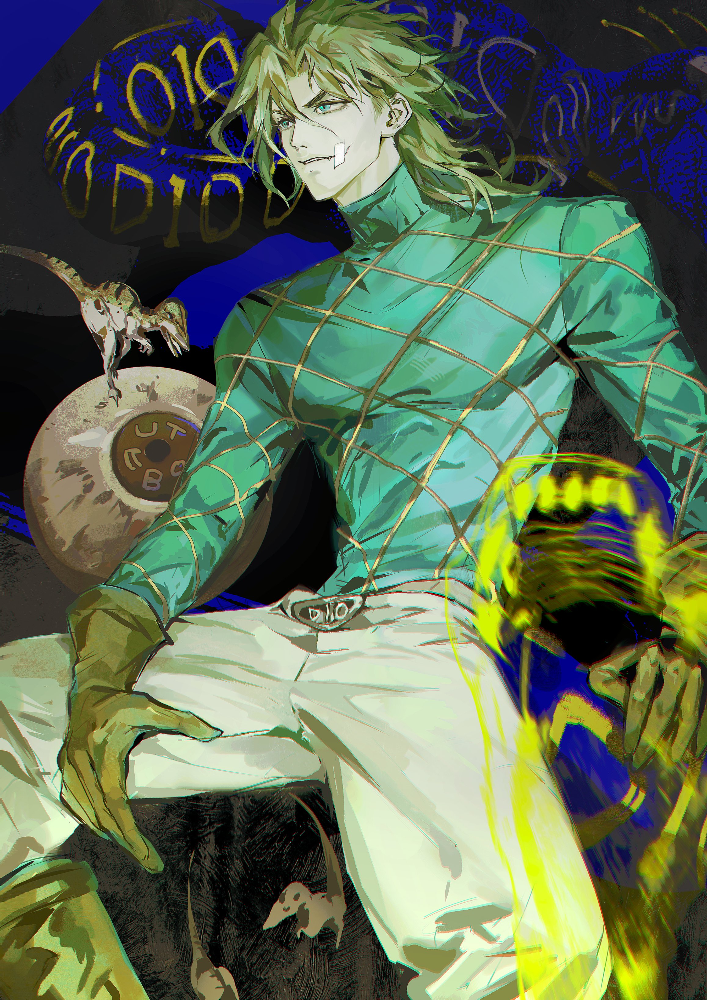 diego brando, scary monsters (stand), stand (jojo), jojo no kimyou na bouken, steel ball run, absurdres, hashtag-only commentary, highres, 1boy, aqua eyes, aqua sweater, argyle clothes, argyle sweater, bandage on face, bandages, belt buckle, blonde hair, boots, brown boots, brown gloves, buckle, cracked skin, dinosaur, dinosaur tail, eyeball, gloves, heijinbai, jodhpurs, long sleeves, male focus, medium hair, messy hair, no headwear, pants, sitting, solo, sweater, tail, turtleneck, turtleneck sweater, white pants