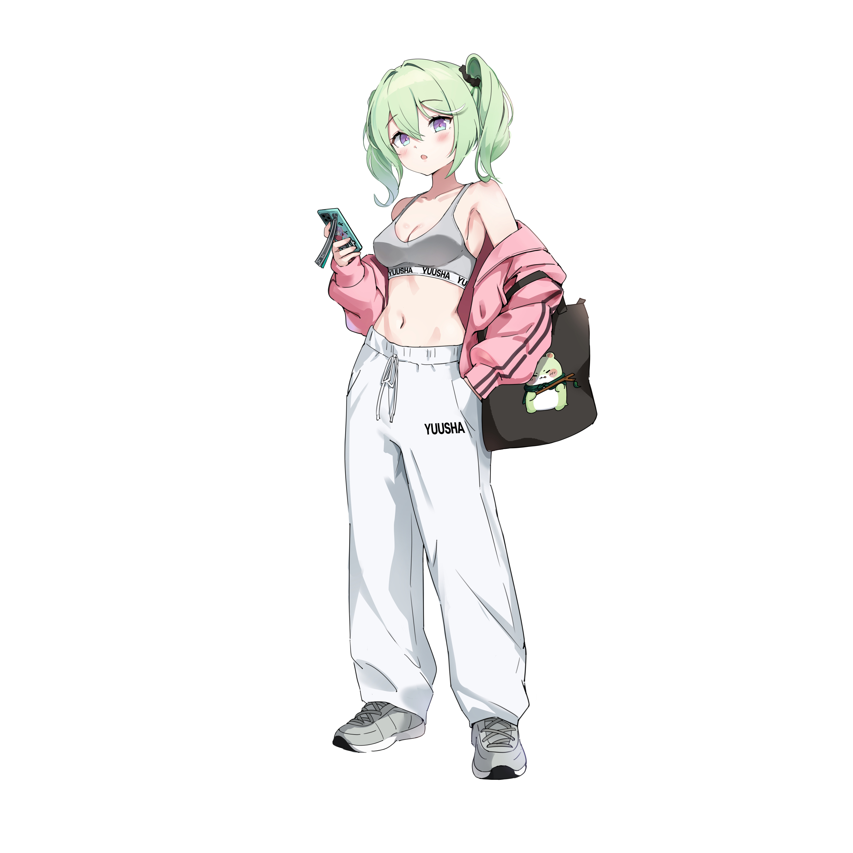 koy (4767269), yuzuha riko, stellive, absurdres, commentary, highres, 1girl, bag, bare shoulders, crop top, drawstring, full body, green hair, grey shirt, holding, holding phone, jacket, long hair, looking at viewer, midriff, navel, off shoulder, open mouth, pants, phone, pink jacket, purple eyes, shirt, shoes, shoulder bag, simple background, sleeveless, sleeveless shirt, sneakers, solo, stomach, twintails, virtual youtuber, white background, white pants