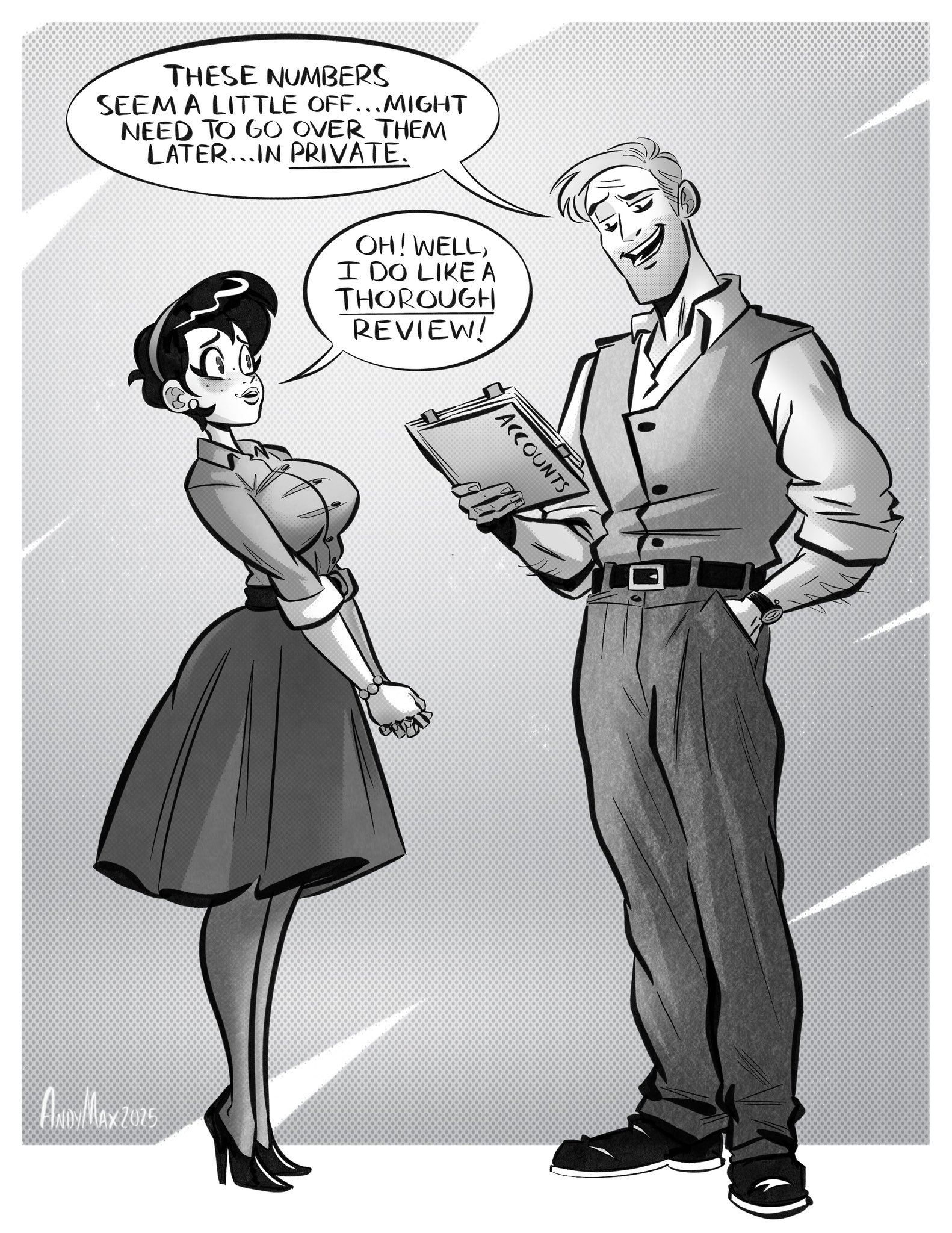 original, highres, 1boy, 1girl, andymax, artist name, breasts, english text, greyscale, hand in pocket, high heels, large breasts, monochrome, pants, retro artstyle, shirt, shoes, short hair, signature, vest, viola delaine (andymax)