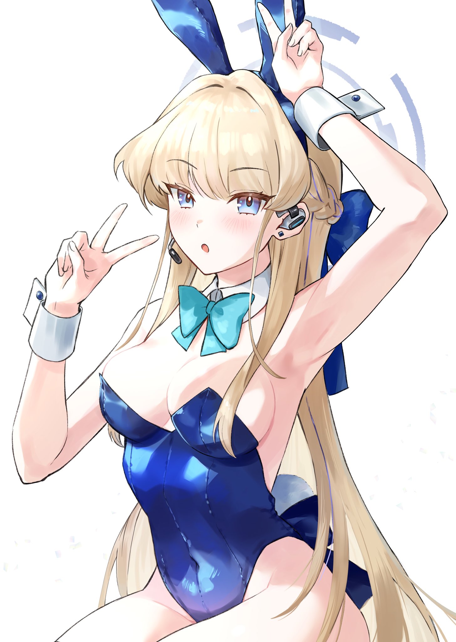 hidariude, toki (blue archive), toki (bunny) (blue archive), blue archive, commentary request, highres, 1girl, :o, animal ear hairband, animal ears, aqua bow, aqua bowtie, arm up, blonde hair, blue bow, blue eyes, blue hairband, blue leotard, blush, bow, bowtie, braid, breasts, bunny day, collar, covered navel, detached collar, double v, earpiece, fake animal ears, hair bow, hairband, half up braid, halo, hand up, leotard, long hair, medium breasts, official alternate costume, official alternate hairstyle, parted lips, playboy bunny, rabbit ear hairband, rabbit ears, simple background, sitting, solo, straight hair, swept bangs, v, very long hair, white background, white collar, white wrist cuffs, wrist cuffs