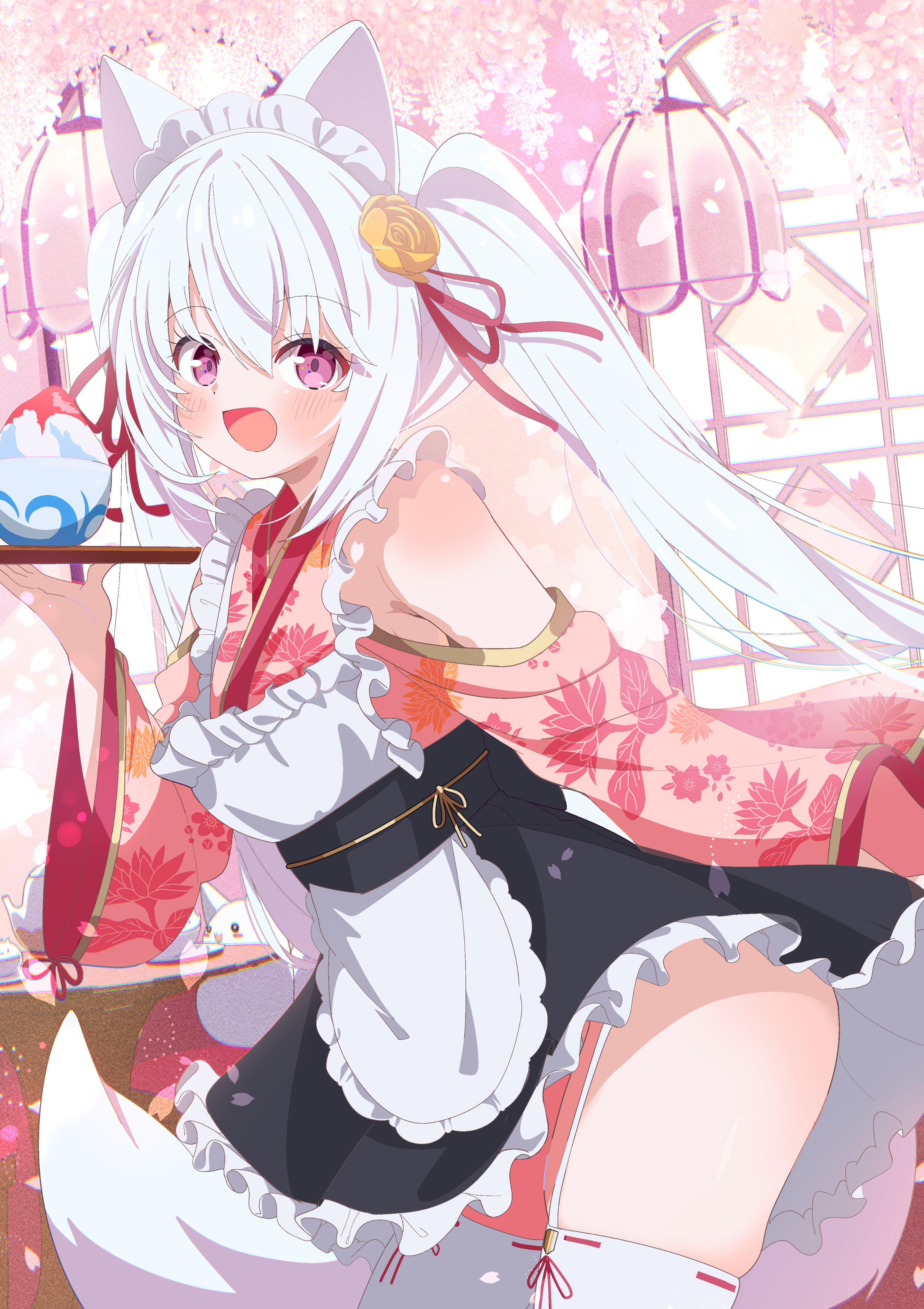 shiro9jira, original, absurdres, highres, 1girl, :d, animal ears, apron, blush, flower, food, fox ears, frilled apron, frilled skirt, frills, hair between eyes, hair flower, hair ornament, hair ribbon, holding, holding tray, japanese clothes, kimono, long hair, long sleeves, looking at viewer, maid, open mouth, pink kimono, red ribbon, ribbon, shaved ice, skirt, smile, solo, tray, twintails, wa maid, white apron, white hair, wide sleeves