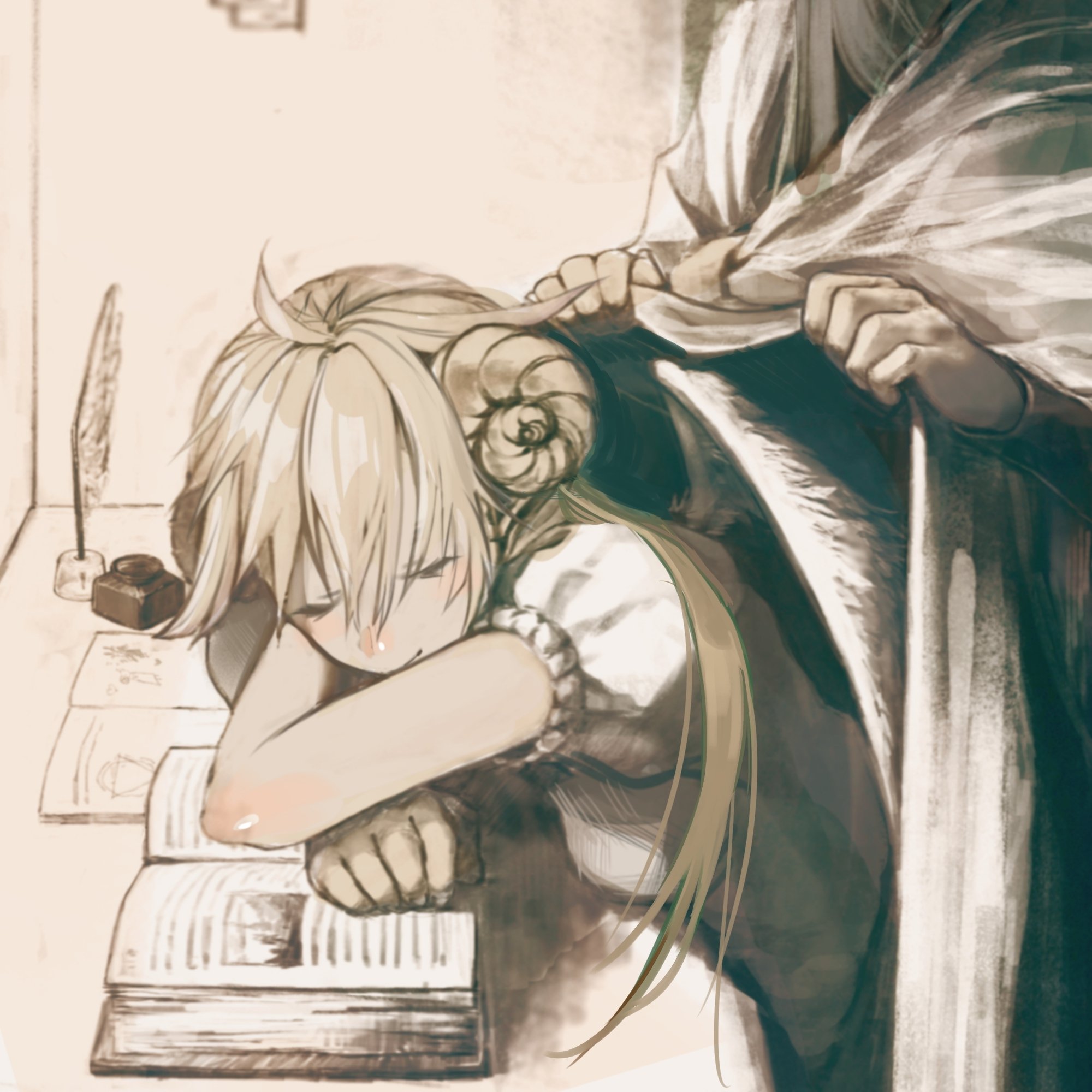sarukichi, original, commentary request, highres, 1girl, 1other, ahoge, book, breasts, closed eyes, closed mouth, clothes on shoulders, greyscale, hair between eyes, horns, long hair, monochrome, open book, quill, short sleeves, sleeping, sleeping upright