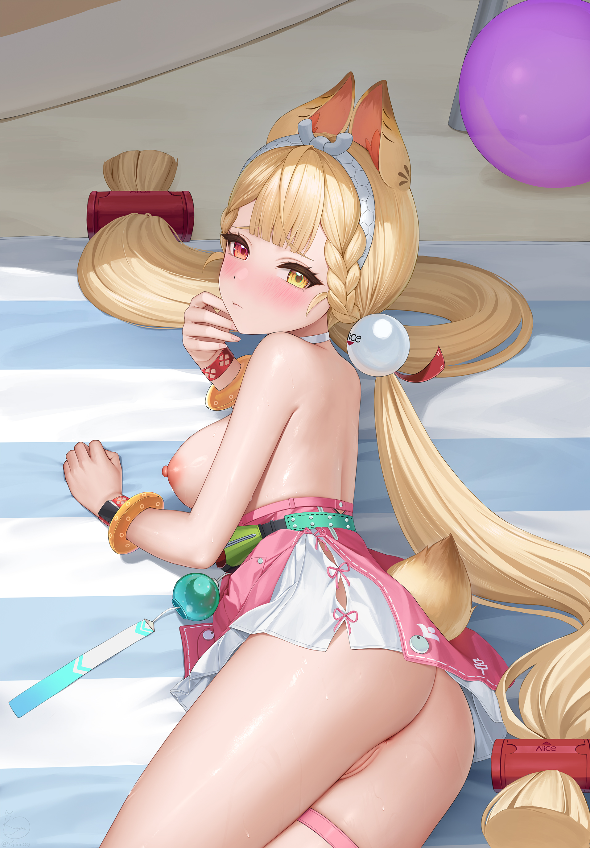 keine09, alice thymefield, alice thymefield (sea of thyme), zenless zone zero, absurdres, commentary request, highres, 1girl, animal ears, ass, bare shoulders, blonde hair, blush, bracelet, braid, breasts, choker, from behind, frown, hairband, heterochromia, jewelry, large breasts, long hair, looking at viewer, looking back, low twintails, lying, nipples, no bra, no panties, nose blush, official alternate costume, on side, one-piece swimsuit, pussy, rabbit ears, red eyes, solo, swimsuit, thigh strap, thighs, twintails, uncensored, very long hair, wet, white choker, yellow eyes