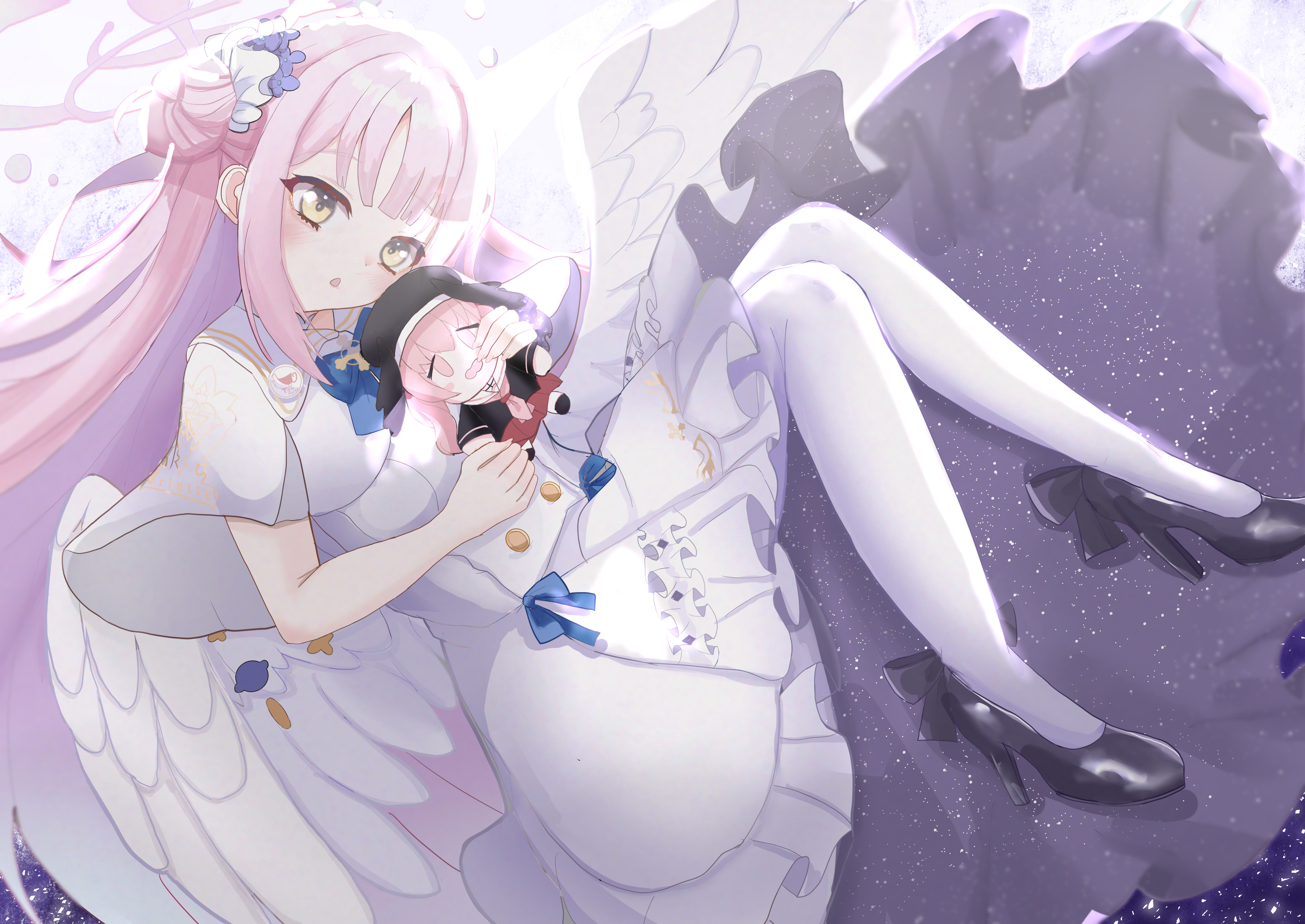 matudo yuu, mika (blue archive), blue archive, absurdres, highres, 1girl, angel wings, blue bow, blue bowtie, bow, bowtie, buttons, dress, feathered wings, hair bun, halo, high heels, holding, holding stuffed toy, long hair, low wings, open mouth, pantyhose, pink hair, pink halo, pumps, single hair bun, single side bun, solo, stuffed toy, very long hair, white dress, white pantyhose, white wings, wings, yellow eyes