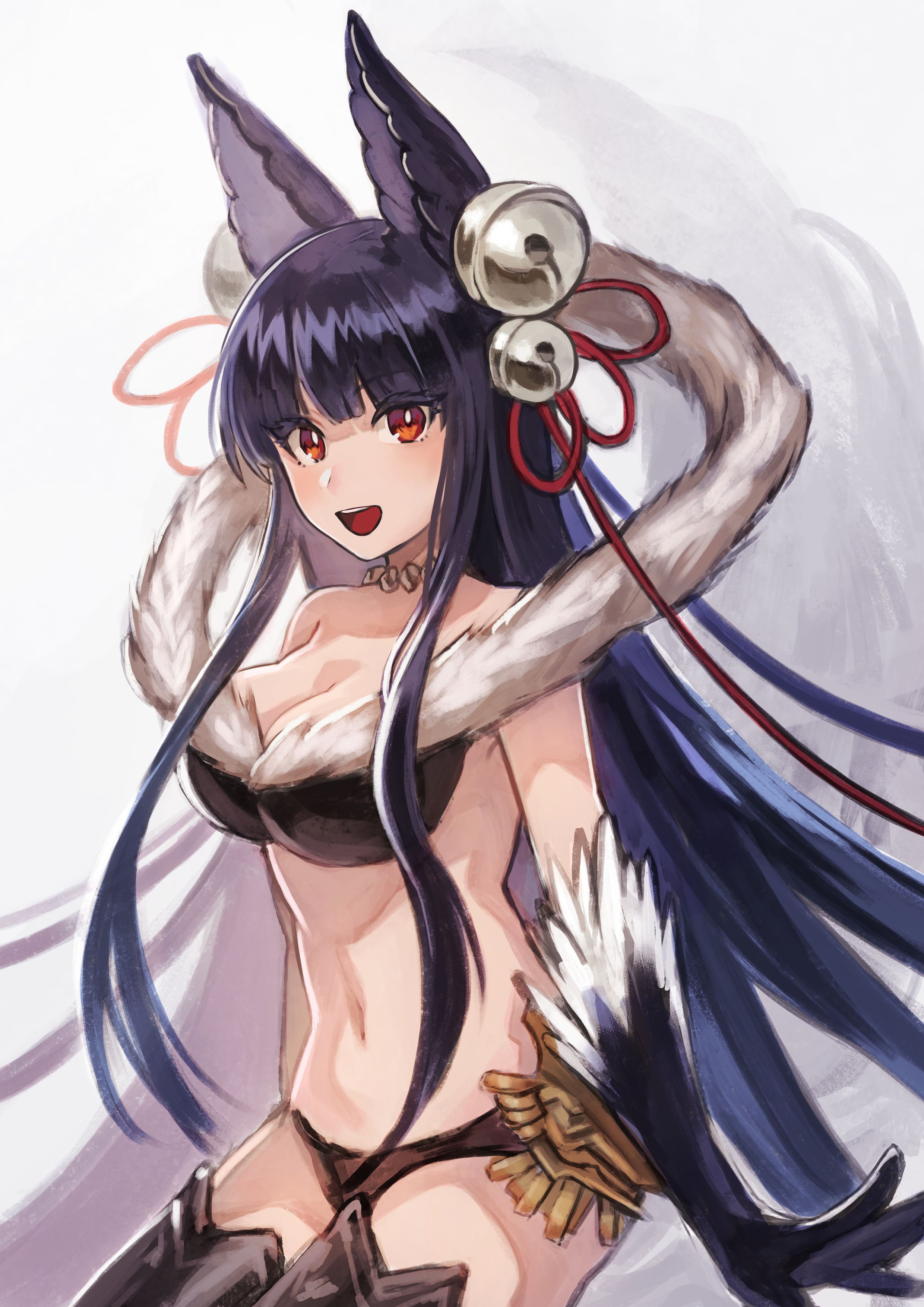 sarukichi, yuel (granblue fantasy), granblue fantasy, absurdres, highres, 1girl, animal ears, bell, black gloves, black hair, black thighhighs, breasts, cleavage, erune, fox ears, fox girl, fox tail, fur trim, gloves, hair ribbon, jingle bell, large breasts, long hair, looking at viewer, open mouth, red eyes, red ribbon, ribbon, simple background, solo, stomach, tail, thighhighs, very long hair