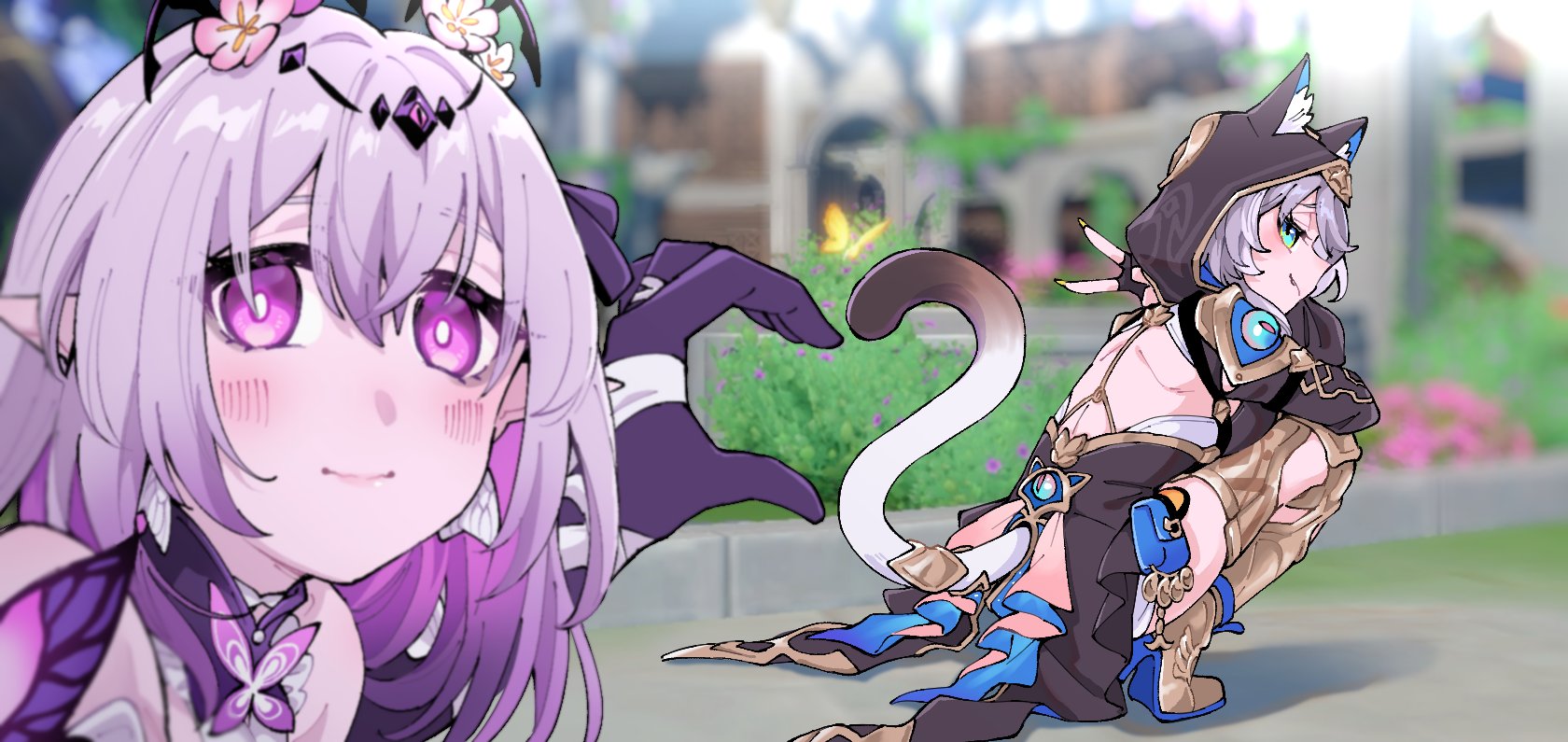 ayunyan pere, castorice (honkai: star rail), cipher (honkai: star rail), honkai: star rail, honkai (series), highres, 2girls, animal ear fluff, animal ears, aqua eyes, backless outfit, black hood, blush, boots, bright pupils, cat ears, cat girl, cat tail, closed mouth, fang, flower, gloves, hair between eyes, hair flower, hair ornament, heart, heart hands, heart hands duo, high collar, high heel boots, high heels, hood, hood up, long hair, looking at viewer, multiple girls, outdoors, pointy ears, purple eyes, purple gloves, purple hair, screenshot background, selfie, shorts, smile, squatting, tail, thigh boots, very long hair, white hair, white pupils, white shorts