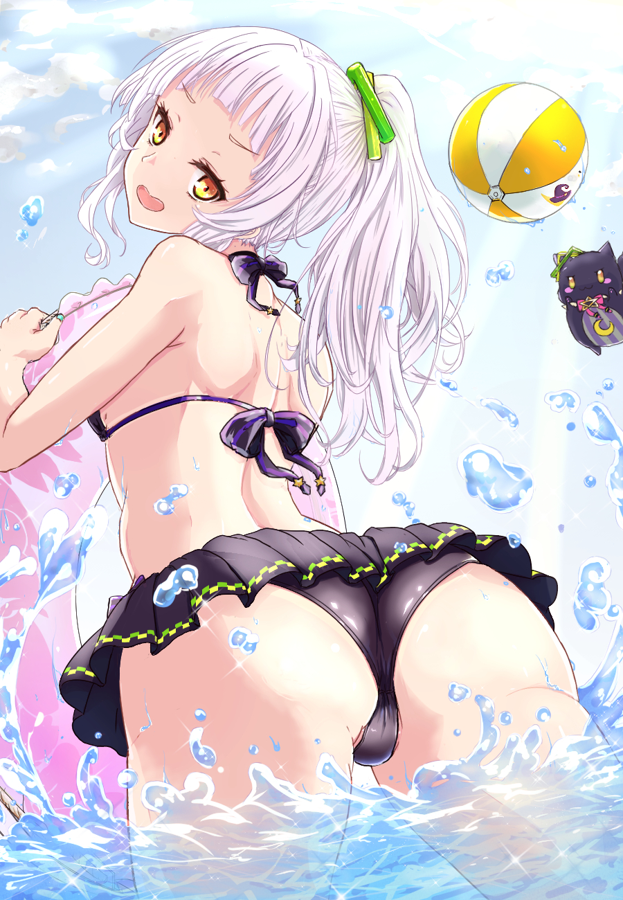 karukan (karukann), murasaki shion, murasaki shion (hololive summer 2019), hololive, commentary request, highres, 1girl, aqua nails, armpit crease, ass, ass focus, back, ball, bare shoulders, beachball, bikini, black bikini, blue sky, blunt bangs, breasts, cowboy shot, day, eyelashes, forehead, foreshortening, frilled bikini, frills, from behind, halterneck, hand up, head tilt, holding, holding swim ring, innertube, long hair, looking at viewer, looking back, nail polish, open mouth, outdoors, pink innertube, ponytail, sky, small breasts, smile, solo, sparkle, string bikini, swim ring, swimsuit, thighs, v-shaped eyebrows, virtual youtuber, wading, water, water drop, white hair, yellow eyes