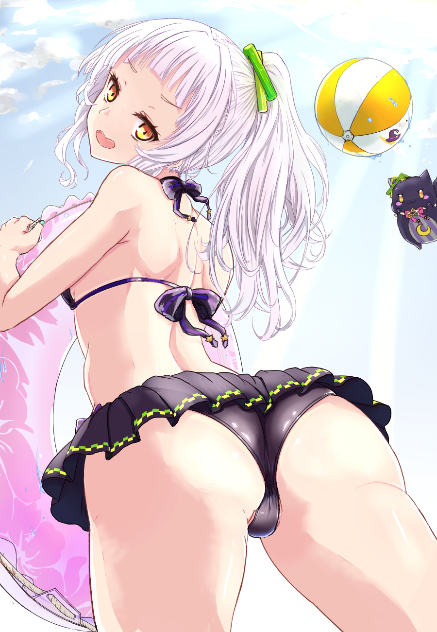 karukan (karukann), murasaki shion, murasaki shion (hololive summer 2019), hololive, commentary request, highres, 1girl, aqua nails, armpit crease, ass, ass focus, back, ball, bare shoulders, beachball, bikini, black bikini, blue sky, blunt bangs, breasts, cowboy shot, day, eyelashes, forehead, foreshortening, frilled bikini, frills, from behind, halterneck, hand up, head tilt, holding, holding swim ring, innertube, long hair, looking at viewer, looking back, nail polish, open mouth, outdoors, pink innertube, ponytail, sky, small breasts, smile, solo, string bikini, swim ring, swimsuit, thighs, v-shaped eyebrows, virtual youtuber, white hair, yellow eyes