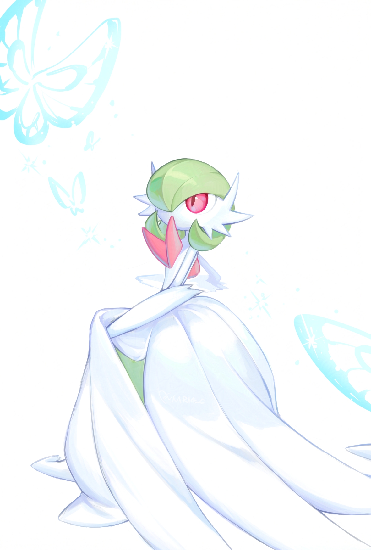 sok (mr14 c), gardevoir, mega gardevoir, nintendo, pokemon, 1girl, bare shoulders, blue butterfly, bob cut, butterfly, colored skin, dress, elbow gloves, female focus, flat chest, full body, gen 3 pokemon, gloves, green hair, hair over one eye, long dress, looking up, mega pokemon, no mouth, one eye covered, pokemon (creature), red eyes, short hair, simple background, solo, standing, white background, white dress, white gloves, white skin, white theme