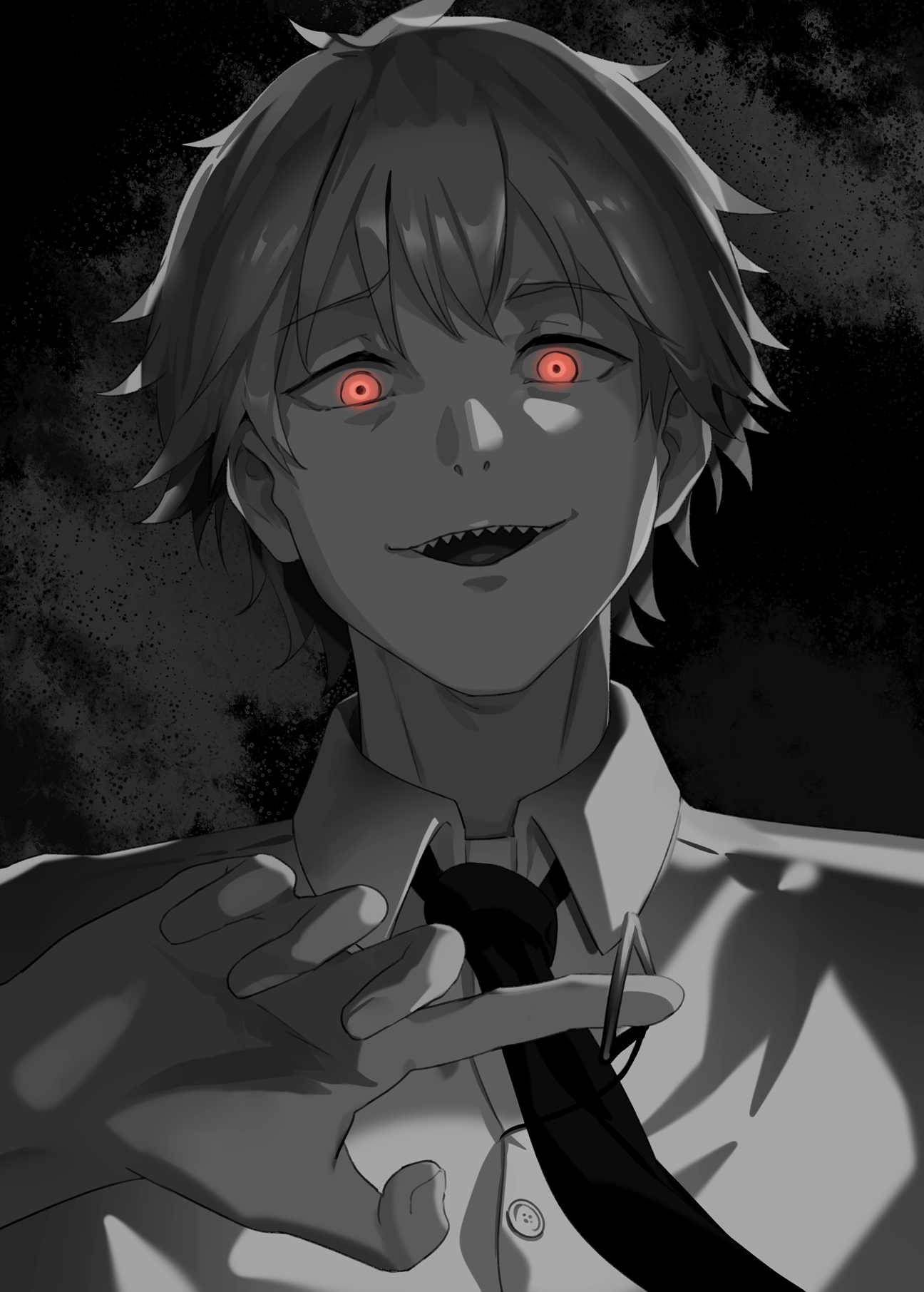 vii (joshuayuen), denji (chainsaw man), chainsaw man, commentary request, highres, 1boy, collared shirt, greyscale, hair between eyes, looking at viewer, male focus, monochrome, open mouth, red eyes, sharp teeth, shirt, short hair, solo, spot color, teeth
