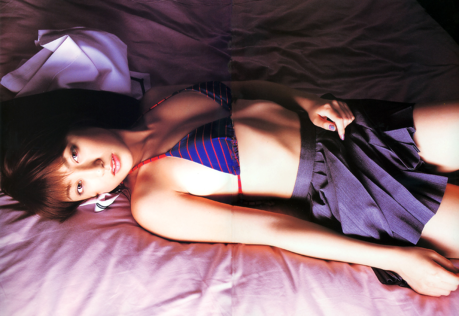 kumada yoko, photo (medium), 7 days 7 colors, bed, bikini, bikini top only, cosplay, pleated skirt, sailor, school uniform, serafuku, skirt, swimsuit