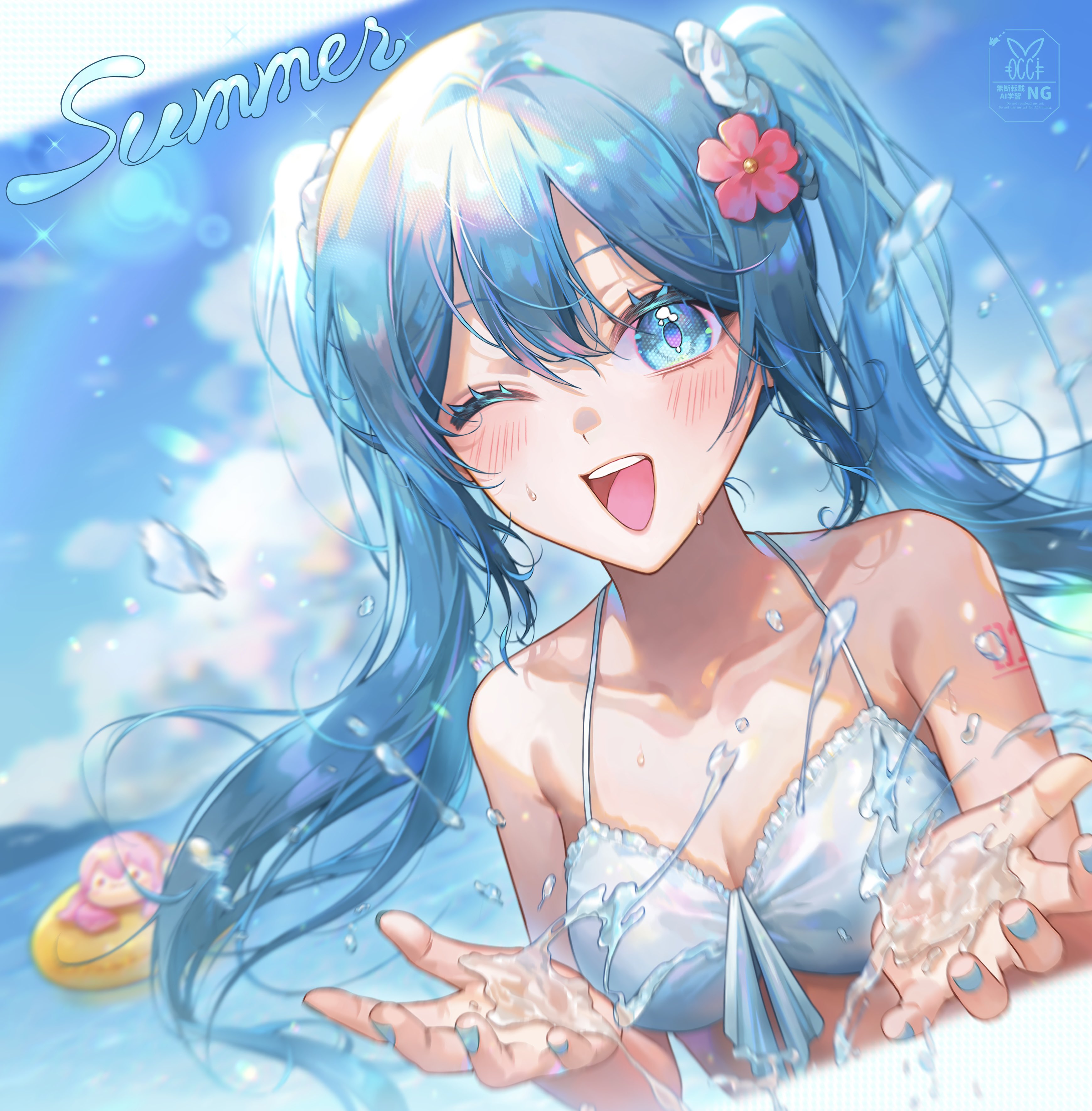 kinakomocci518, hatsune miku, megurine luka, vocaloid, absurdres, character request, check character, commentary request, highres, 2girls, arm tattoo, bikini, blue eyes, blue hair, blue nails, blue sky, breasts, cloud, collarbone, english text, flower, front-tie bikini top, front-tie top, hair flower, hair ornament, innertube, looking at viewer, medium breasts, multiple girls, number tattoo, ocean, one eye closed, open mouth, pink flower, sky, swim ring, swimsuit, tattoo, upper body, water