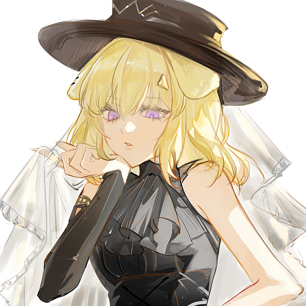 ka shou yu jiu, misumi uika, arknights, bang dream!, bang dream! it's mygo!!!!!, 1girl, animal ears, ascot, black ascot, black hat, blonde hair, detached sleeves, dog ears, dog girl, hair between eyes, hand on own chin, hand up, hat, kemonomimi mode, looking at viewer, medium hair, misumi uika (caged singer), parted lips, purple eyes, sidelocks, simple background, single sleeve, solo, upper body, white background