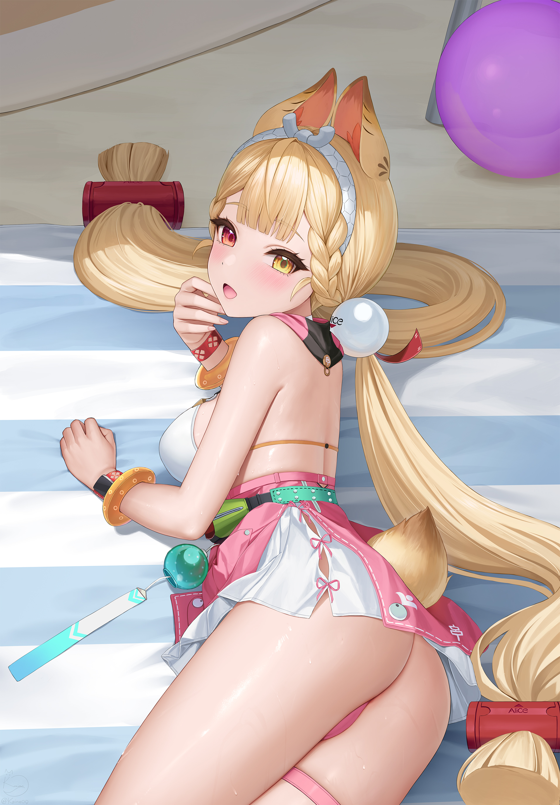 keine09, alice thymefield, alice thymefield (sea of thyme), zenless zone zero, absurdres, commentary request, highres, 1girl, animal ears, ass, bare shoulders, blonde hair, bracelet, braid, breasts, choker, from behind, hairband, heterochromia, jewelry, large breasts, long hair, looking at viewer, looking back, low twintails, lying, official alternate costume, on side, one-piece swimsuit, open mouth, rabbit ears, red eyes, smile, solo, swimsuit, thigh strap, thighs, twintails, very long hair, white choker, yellow eyes