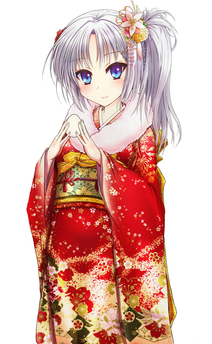 karukan (karukann), tomotake yoshino, senren banka, commentary request, 1girl, 2017, alternate costume, alternate hairstyle, blue eyes, blush, closed mouth, dated commentary, egg, feet out of frame, floral print, floral print kimono, flower, fur-trimmed kimono, fur trim, furisode, grey hair, hair between eyes, hair flower, hair ornament, holding, holding egg, japanese clothes, kanzashi, kimono, long hair, long sleeves, looking at viewer, new year, print kimono, side ponytail, sidelocks, simple background, smile, solo, white background, white flower, wide sleeves