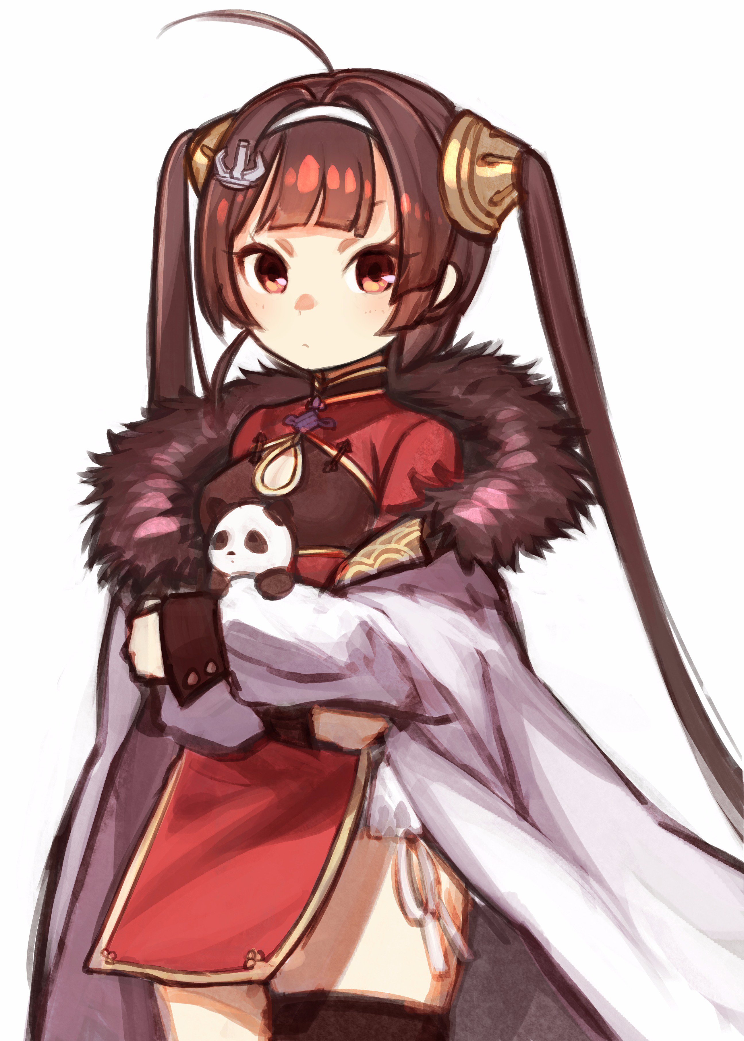 sarukichi, ping hai (azur lane), azur lane, absurdres, commentary request, highres, 1girl, ahoge, anchor hair ornament, animal, breasts, brown hair, china dress, chinese clothes, cleavage, cleavage cutout, closed mouth, clothing cutout, coat, dress, fur-trimmed coat, fur trim, hair ornament, hairband, holding, holding animal, long hair, long sleeves, open clothes, open coat, panda, panties, pelvic curtain, red dress, side-tie panties, simple background, single thighhigh, small breasts, thighhighs, twintails, underwear, very long hair, white background, white coat, white hairband, white panties