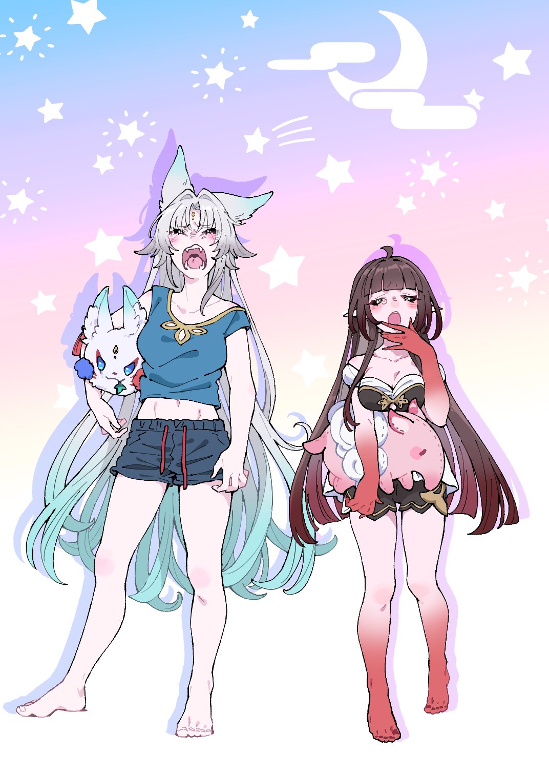 ayunyan pere, feixiao (honkai: star rail), lingsha (honkai: star rail), honkai: star rail, honkai (series), highres, 2girls, alternate costume, animal ears, babydoll, barefoot, black babydoll, black shorts, blue shirt, blunt bangs, closed eyes, colored extremities, covering own mouth, creature, fangs, fox ears, fox girl, full body, gradient background, gradient hair, green hair, holding, holding creature, holding stuffed toy, long hair, midriff, multicolored hair, multiple girls, navel, open mouth, red feet, red hands, shirt, shorts, sleepy, standing, star (symbol), stuffed toy, tearing up, tongue, white hair, yawning