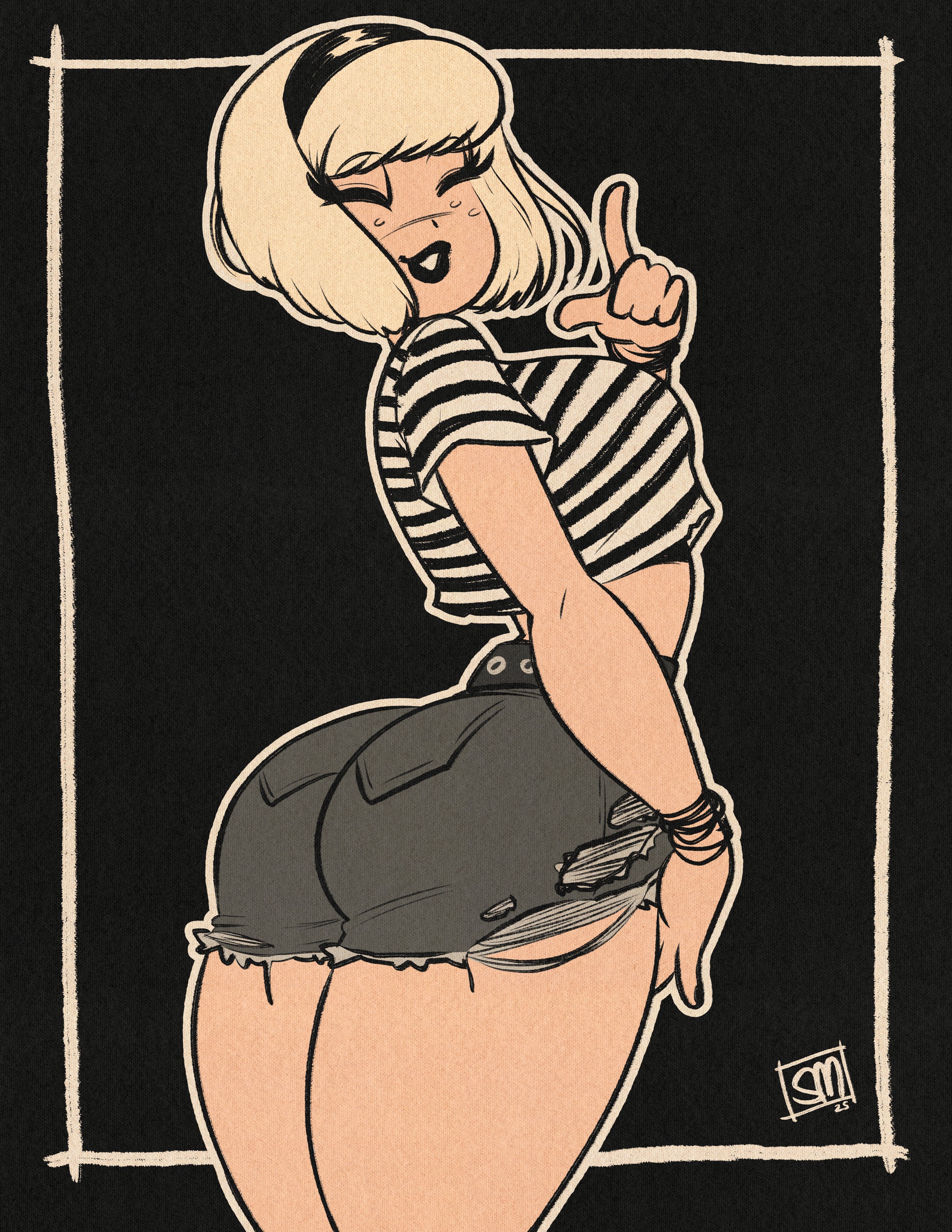 sgtmadness, sabrina spellman, sabrina the teenage witch, absurdres, highres, 1girl, black hairband, black lips, black shirt, closed eyes, hairband, retro artstyle, shirt, short hair, short shorts, short sleeves, shorts, solo, striped clothes, striped shirt, two-tone shirt, white hair, white shirt
