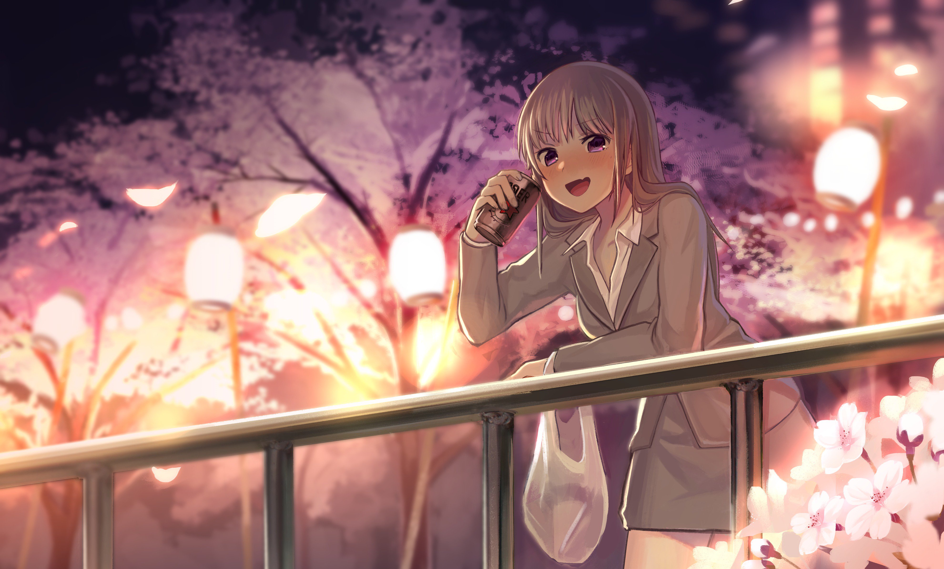 sarukichi, original, absurdres, commentary request, highres, 1girl, alcohol, bag, beer, beer can, blush, can, cherry blossoms, collared shirt, drink can, flower, grey hair, grey jacket, grey skirt, holding, holding can, jacket, lantern, long hair, long sleeves, looking at viewer, night, office lady, open mouth, outdoors, petals, pink flower, plastic bag, purple eyes, railing, shirt, skirt, solo, tree, white shirt