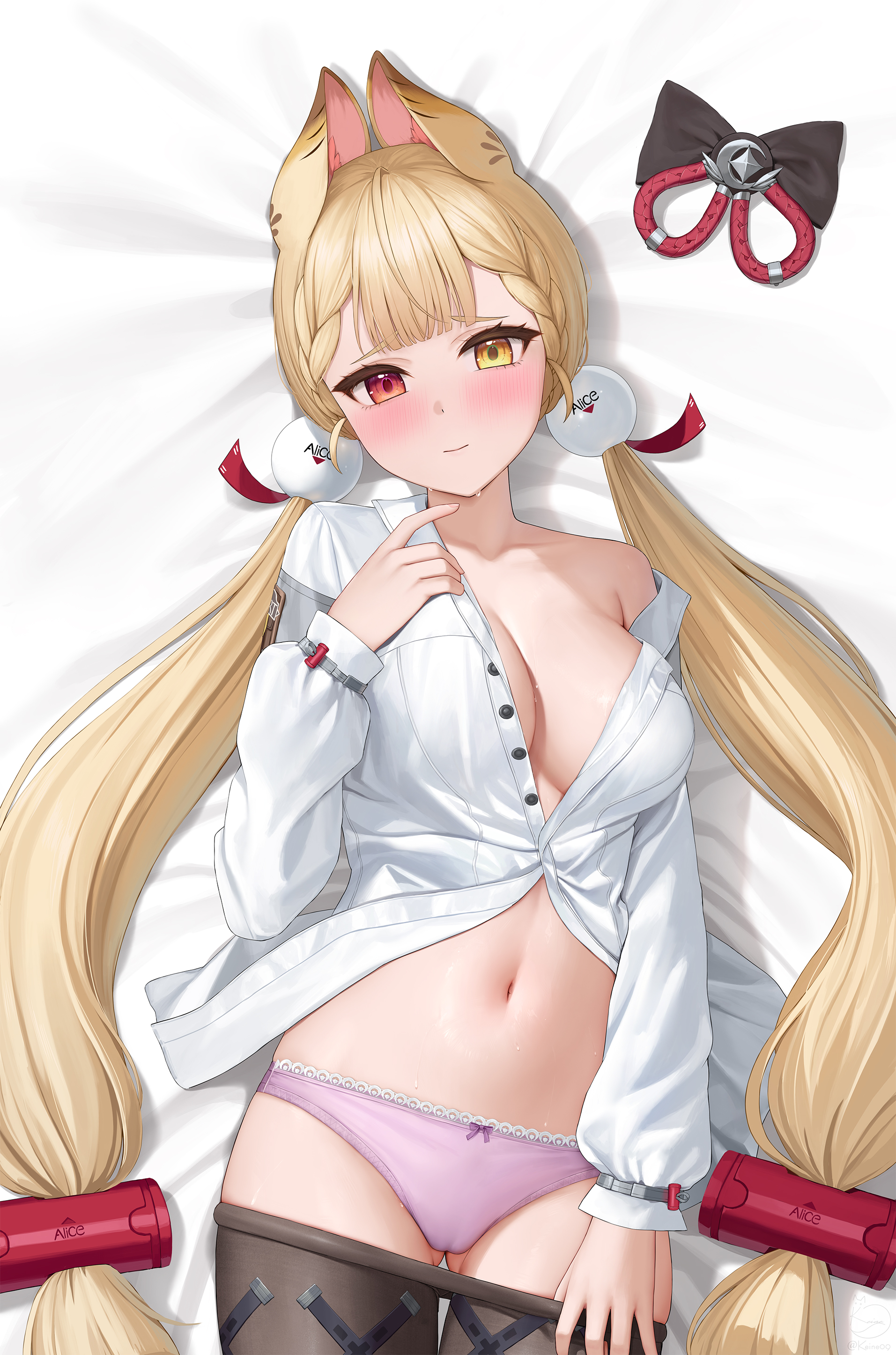 keine09, alice thymefield, zenless zone zero, absurdres, commentary request, highres, 1girl, animal ears, black bow, blonde hair, blush, bow, braid, breasts, brown pantyhose, buttons, cameltoe, cleavage, closed mouth, clothes pull, dakimakura (medium), dress shirt, gluteal fold, hair ornament, heterochromia, large breasts, long hair, long sleeves, looking at viewer, low twintails, lying, navel, no pants, off shoulder, on back, open mouth, panties, pantyhose, pantyhose pull, purple panties, rabbit ears, red eyes, shirt, solo, twintails, underwear, very long hair, white shirt, yellow eyes