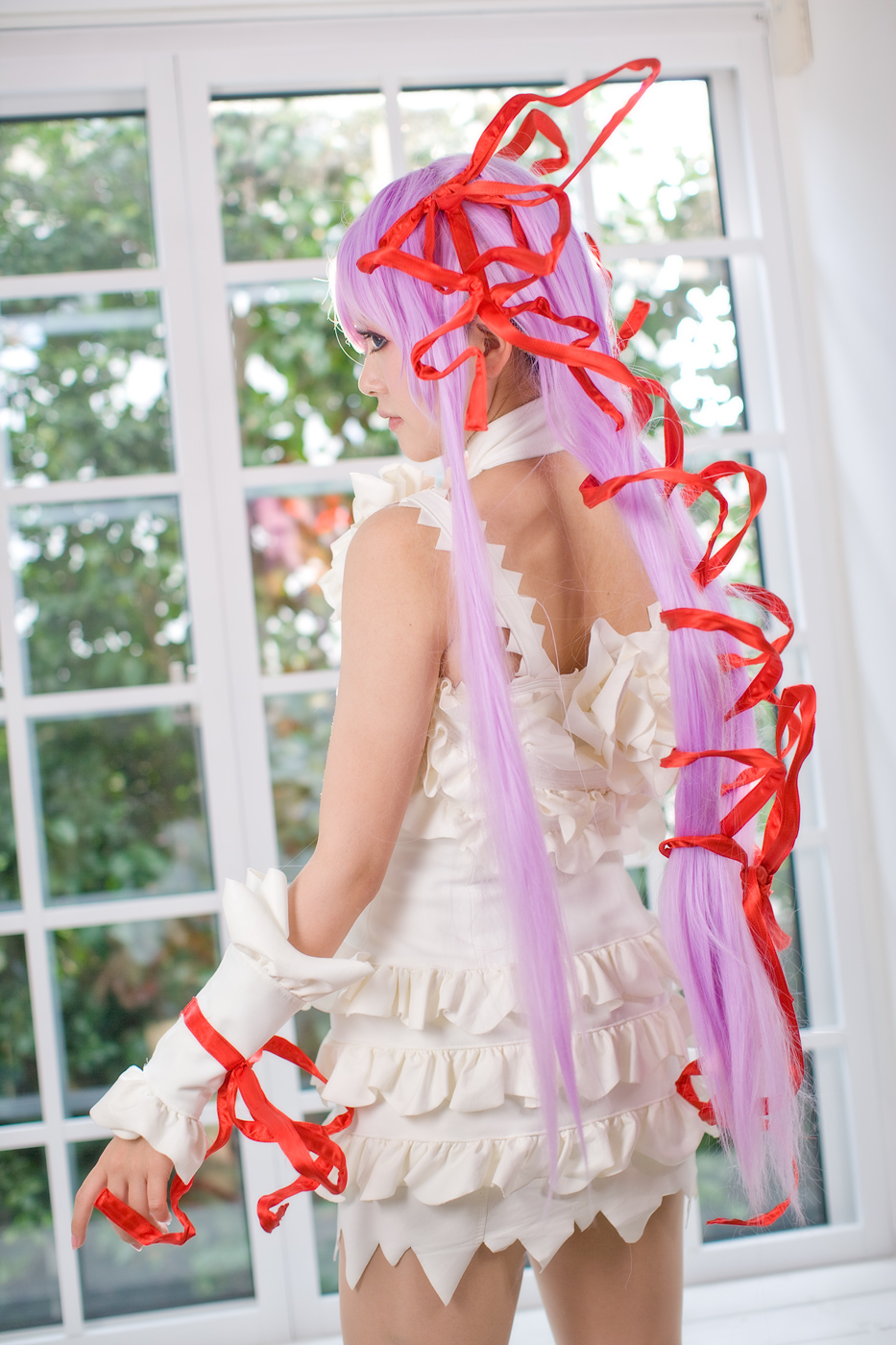 tsugihagi mishin, al azif (demonbane), demonbane, highres, photo (medium), cosplay, cuffs, dress, frills, hair ribbon, lace, purple hair, ribbon