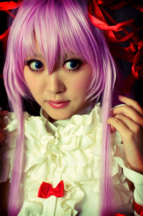 tsugihagi mishin, al azif (demonbane), demonbane, photo (medium), cosplay, cuffs, dress, frills, hair ribbon, lace, purple hair, ribbon