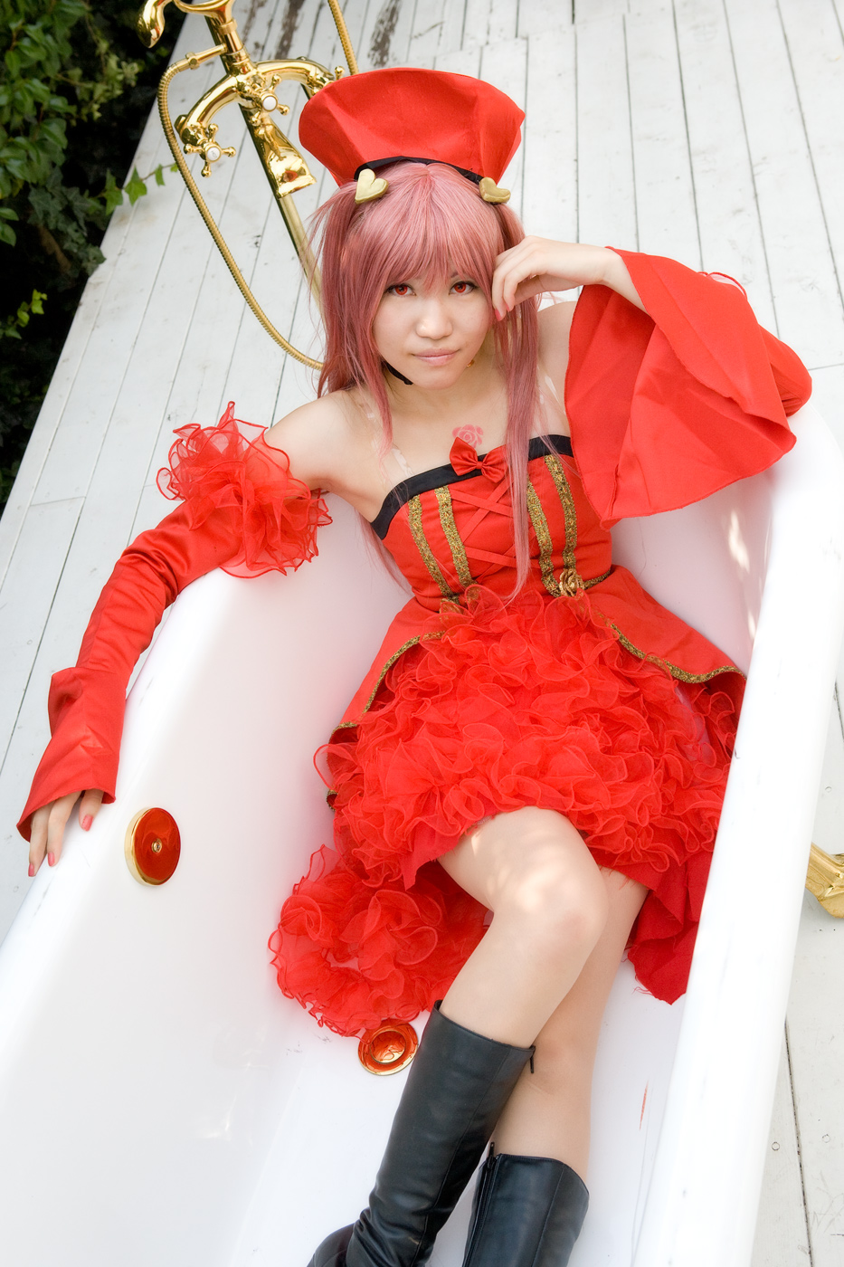 rou (cosplayer), another blood, demonbane, highres, photo (medium), boots, cosplay, cuffs, dress, frills, lace, pink hair