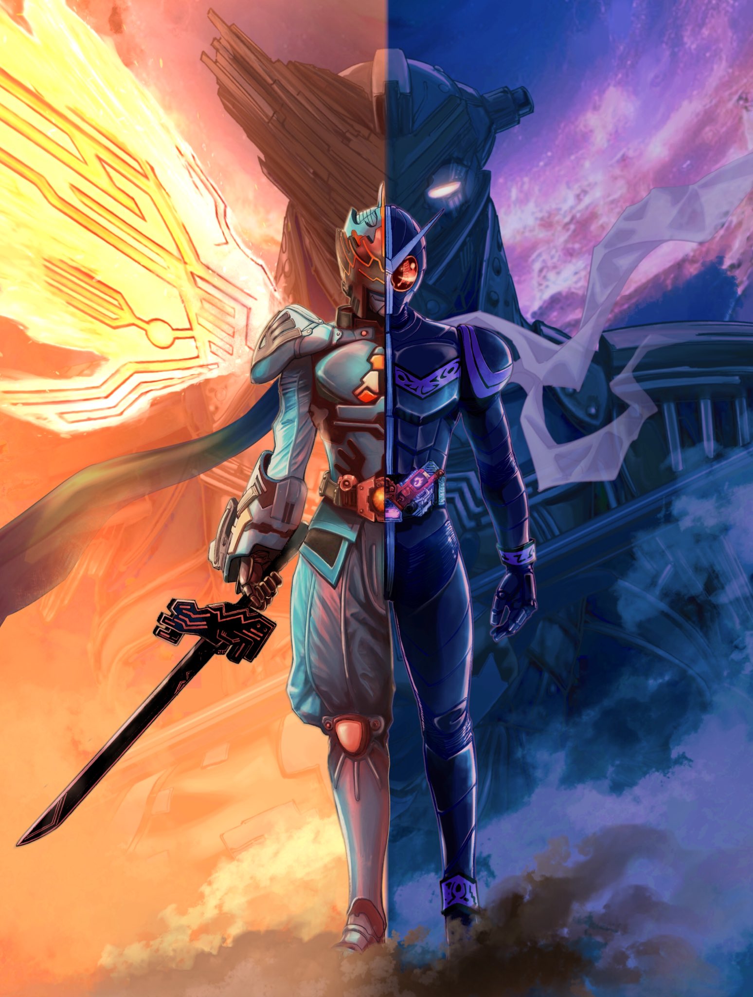 sato masaki (masayakofu), kamen rider double, nasca dopant, utopia dopant, fuuto tantei, kamen rider, kamen rider w, highres, official art, 3boys, armor, belt, bodysuit, cape, compound eyes, double driver, doubledriver, gaia memory, helmet, holding, holding weapon, looking at viewer, male focus, monster, multiple boys, red eyes, rider belt, scarf, standing, sword, tokusatsu, weapon