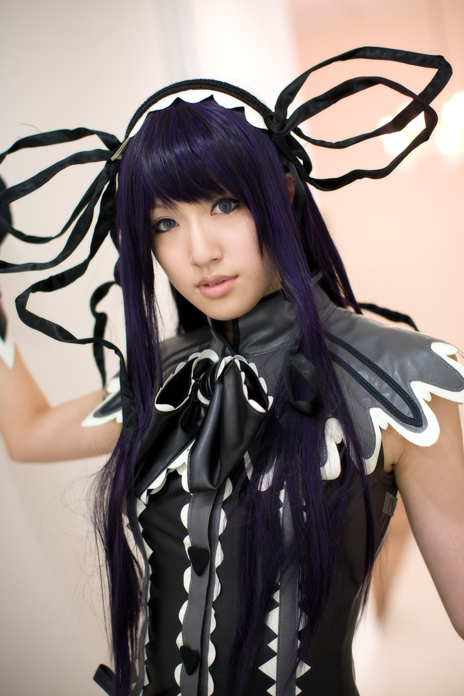 saya (cosplayer), etheldreda, demonbane, highres, photo (medium), cosplay, cuffs, dress, frills, hair ribbon, hairband, lace, purple hair, ribbon