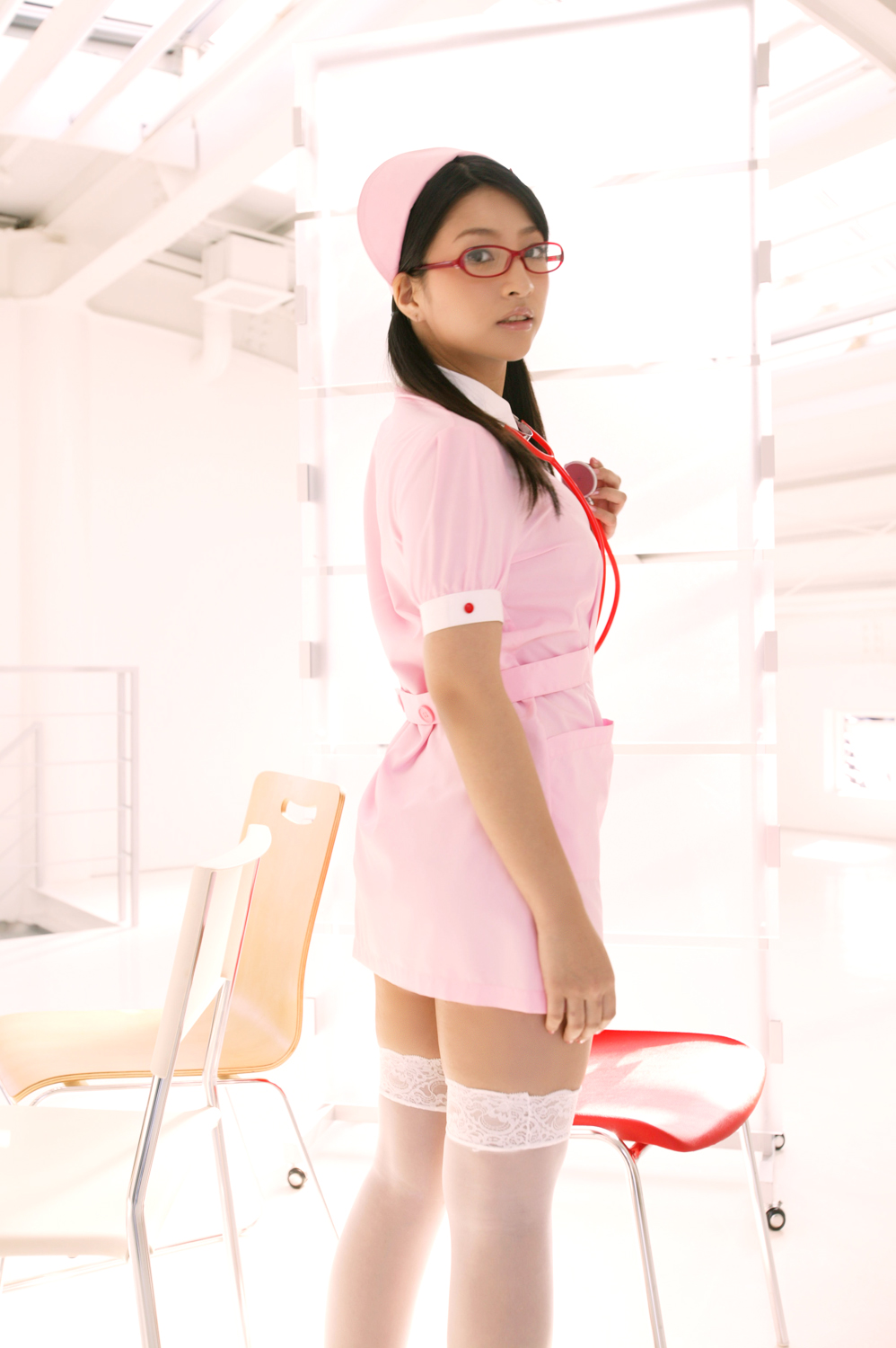 highres, photo (medium), cosplay, glasses, minami nina, nurse, stethoscope, thighhighs, twintails