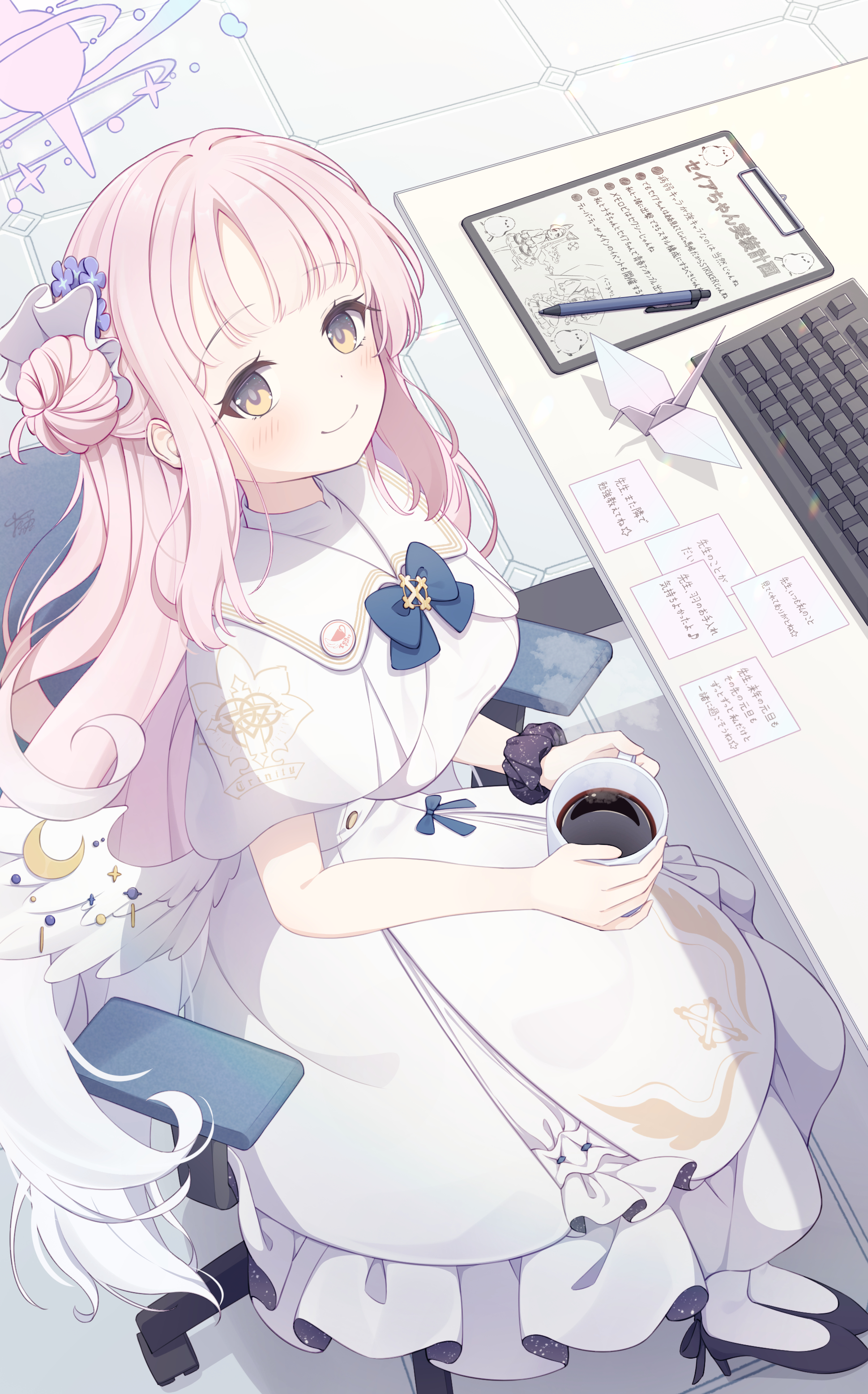 matchamassa, mika (blue archive), blue archive, absurdres, highres, 1girl, angel wings, blue bow, blue bowtie, blush, bow, bowtie, breasts, chair, clipboard, closed mouth, coffee, computer keyboard, cup, dress, feathered wings, flower, gold trim, gradient hair, hair bun, hair flower, hair ornament, halo, holding, holding cup, long hair, looking at viewer, low wings, medium breasts, multicolored hair, on chair, origami, paper crane, pen, pink hair, pink halo, scrunchie, single hair bun, single side bun, sitting, smile, solo, very long hair, white dress, white hair, white wings, wing ornament, wings, wrist scrunchie, yellow eyes