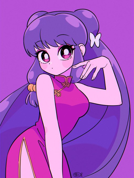 shampoo (ranma 1/2), ranma 1/2, 1girl, china dress, chinese clothes, double bun, dress, hair bun, long hair, pink dress, purple hair, shoes, sidelocks
