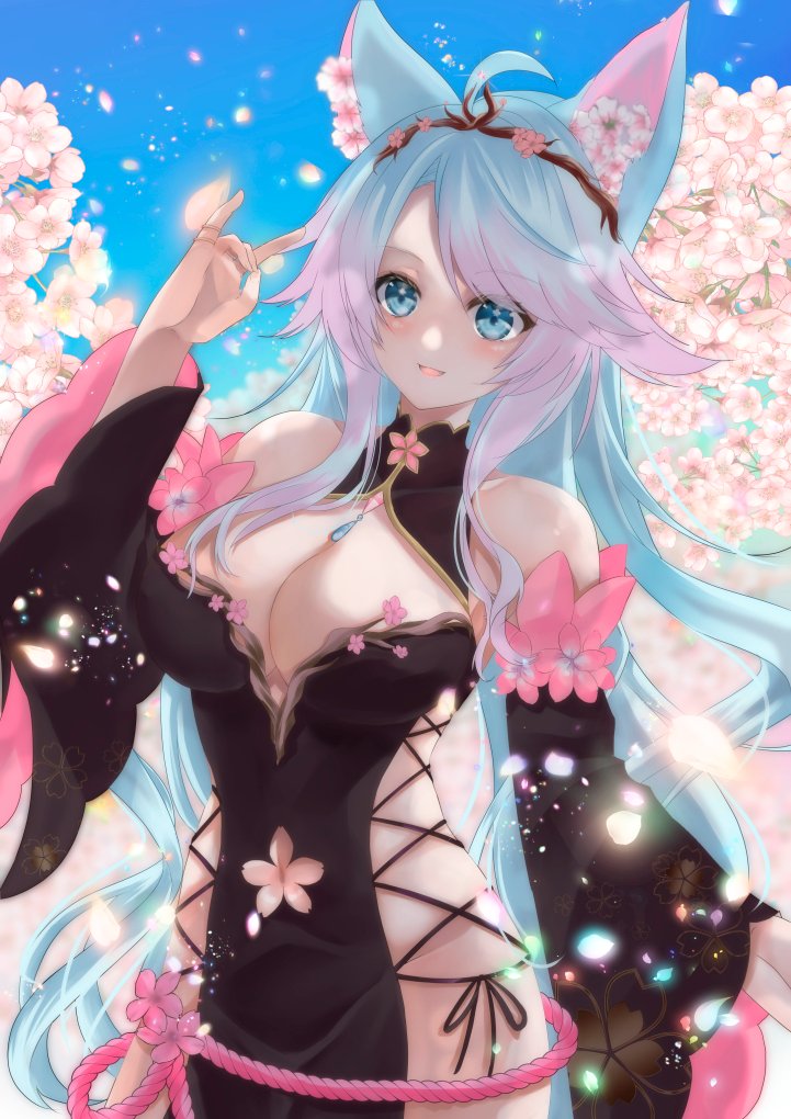 silvervale, indie virtual youtuber, 1girl, ahoge, animal ears, black dress, black sleeves, blue eyes, blue hair, blue sky, breasts, cherry blossoms, cleavage, clothing cutout, couli (pochi pan), detached sleeves, dress, flower cutout, flower trim, gradient hair, long hair, multicolored hair, navel cutout, open mouth, pink hair, sky, smile, solo, virtual youtuber, wolf ears, wolf girl