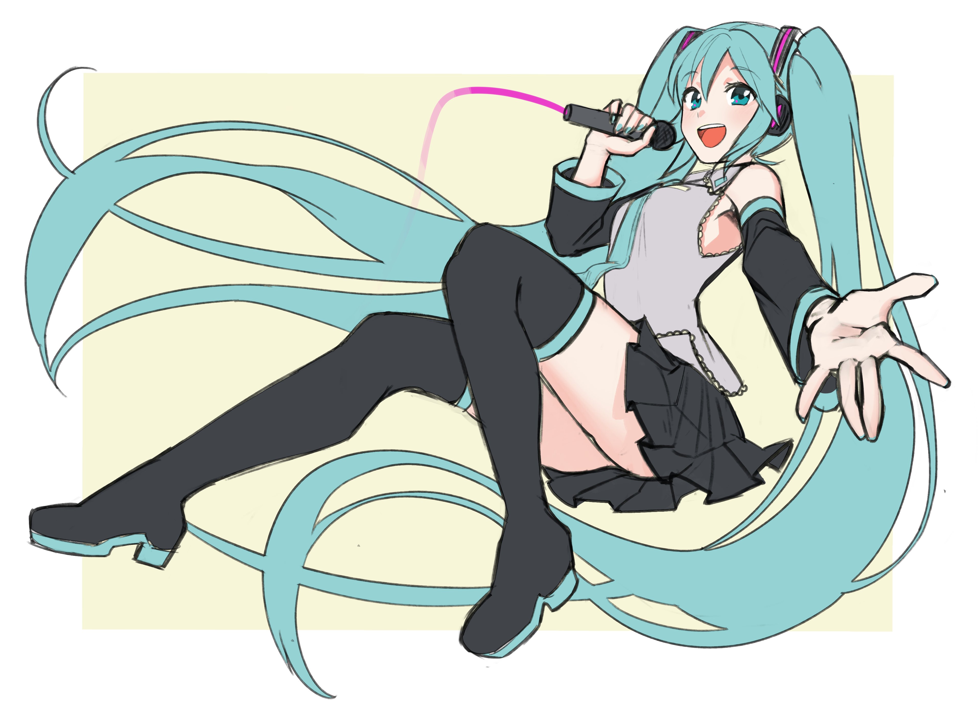sarukichi, hatsune miku, vocaloid, absurdres, commentary, highres, 1girl, black boots, black skirt, black sleeves, blue eyes, blue hair, blue nails, blue necktie, boots, breasts, collared shirt, detached sleeves, grey shirt, hair between eyes, holding, holding microphone, long hair, looking at viewer, medium breasts, microphone, miniskirt, necktie, open mouth, pleated skirt, shirt, skirt, sleeveless, sleeveless shirt, solo, teeth, thigh boots, thighhighs, twintails, upper teeth only, very long hair
