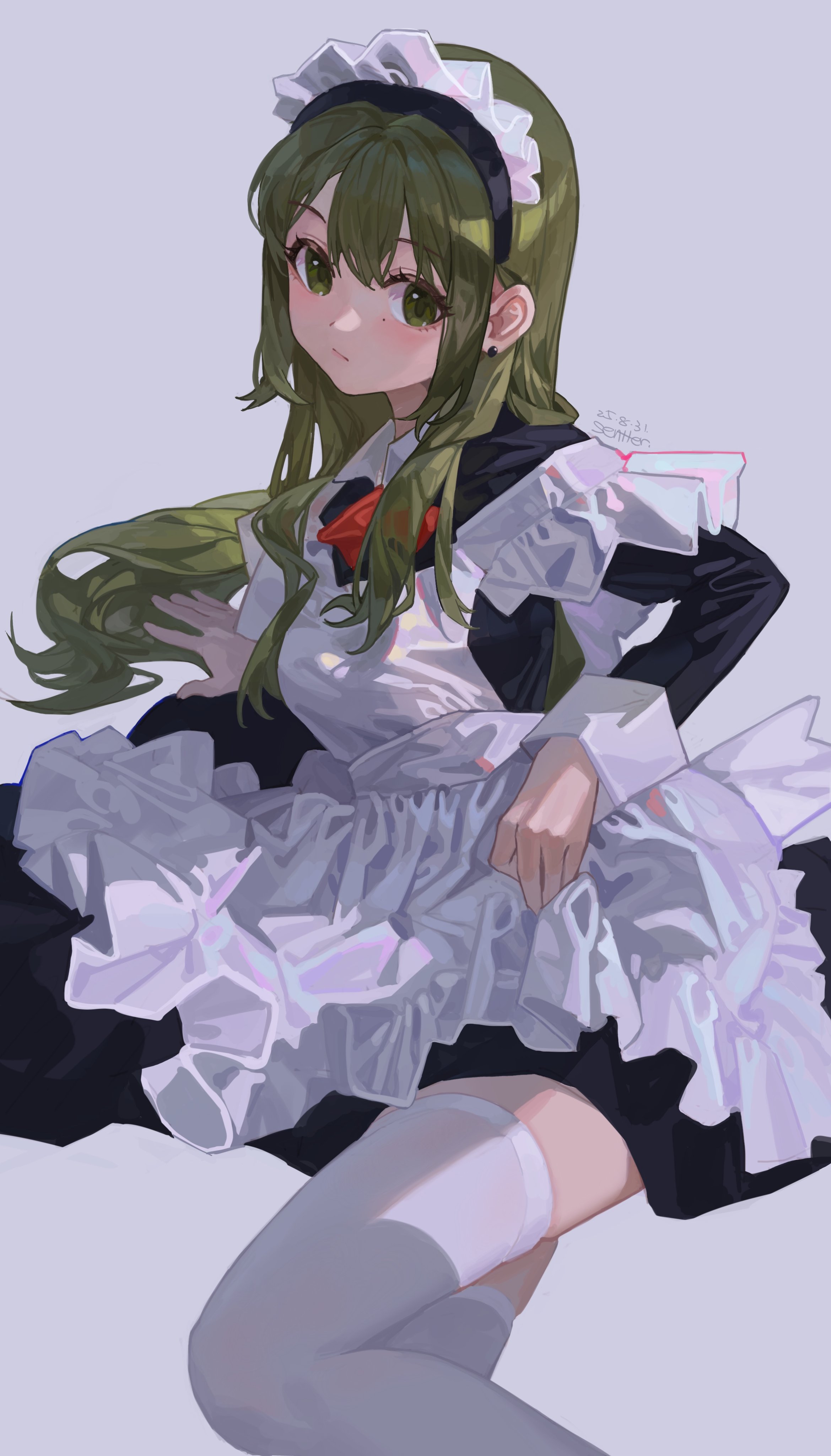 sentter, original, absurdres, highres, 1girl, apron, arm support, artist name, black dress, blush, bow, bowtie, closed mouth, dress, earrings, green eyes, green hair, grey background, jewelry, long hair, looking at viewer, maid, maid headdress, mole, mole under eye, red bow, red bowtie, simple background, skindentation, solo, stud earrings, thighhighs, white apron, white thighhighs