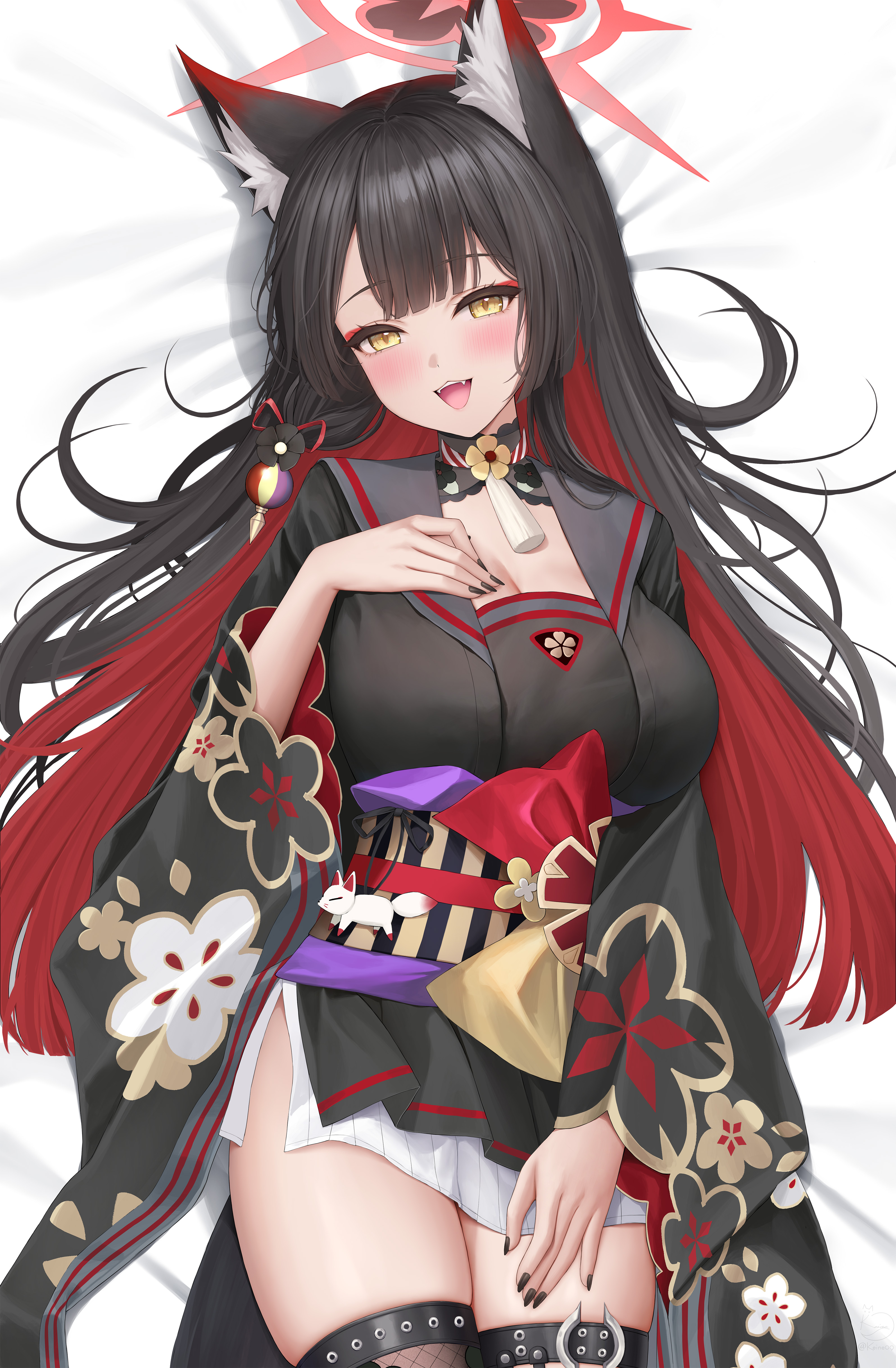 keine09, wakamo (blue archive), blue archive, absurdres, commentary request, highres, 1girl, animal ears, bed sheet, black hair, black kimono, black nails, breasts, dakimakura (medium), eyeshadow, fangs, fishnet thighhighs, fishnets, fox ears, halo, hand on own chest, hand on own thigh, japanese clothes, kimono, large breasts, long hair, long sleeves, looking at viewer, lying, makeup, miniskirt, multicolored hair, nail polish, obi, on back, open mouth, red hair, sash, side slit, skirt, smile, solo, thighhighs, two-tone hair, white skirt, wide sleeves, yellow eyes, zettai ryouiki