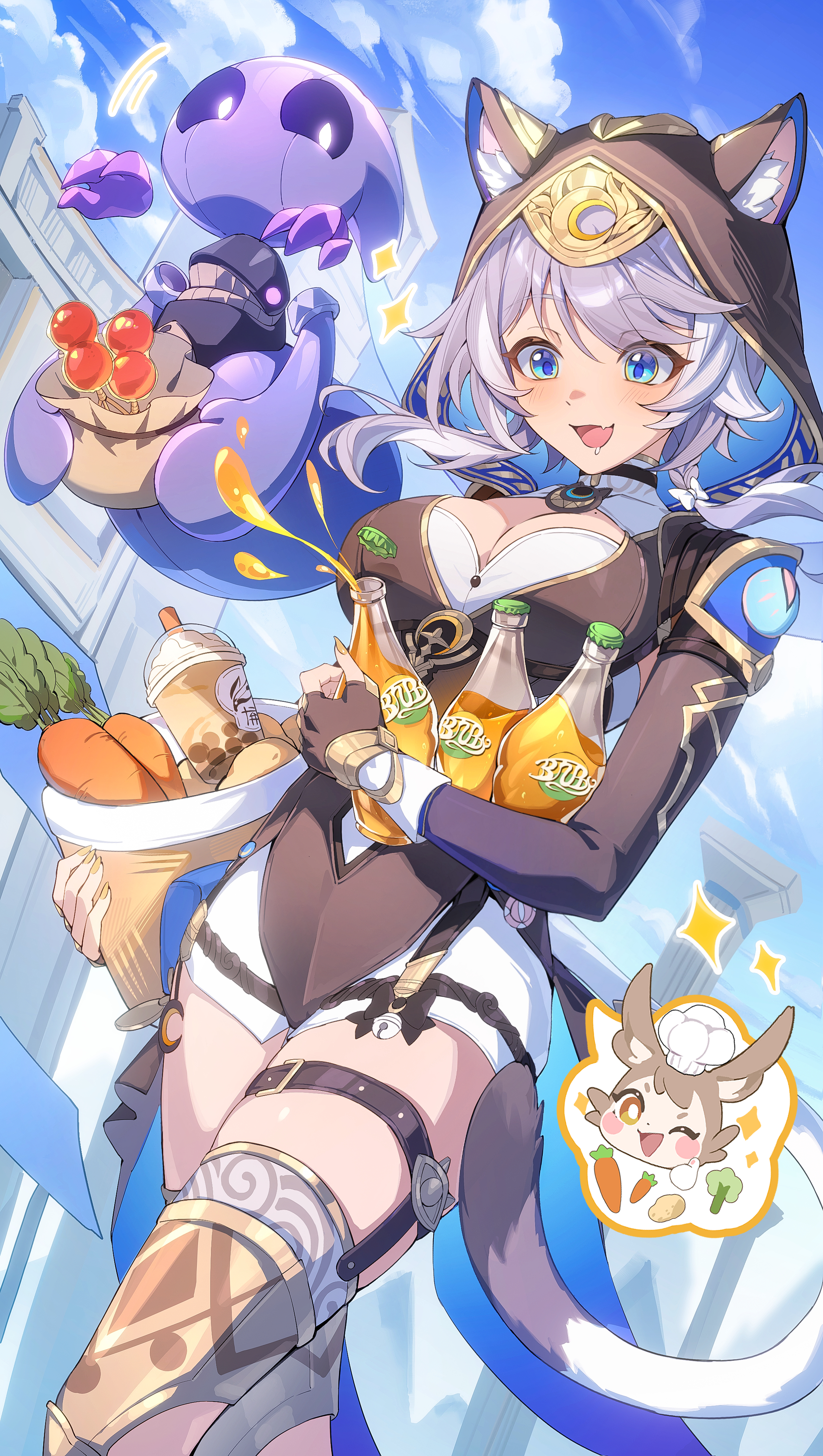 so zei tama tama, cipher (honkai: star rail), spirithief bartholos (honkai: star rail), honkai: star rail, honkai (series), absurdres, chinese commentary, commentary request, highres, revision, 1girl, animal ear fluff, belt, black gloves, black hood, black leotard, blue eyes, blue sky, blush, bottle, breasts, carrot, cat girl, cat tail, cleavage, cup, day, disposable cup, drooling, ears through hood, fingerless gloves, fingernails, food, gloves, grey hair, holding, holding bottle, leotard, long fingernails, long sleeves, looking down, medium breasts, medium hair, multicolored hair, nail polish, open mouth, outdoors, potato, shorts, sky, smile, soda bottle, soulglad, sparkle, streaked hair, tail, thigh belt, thigh strap, thighs, white shorts, yellow nails