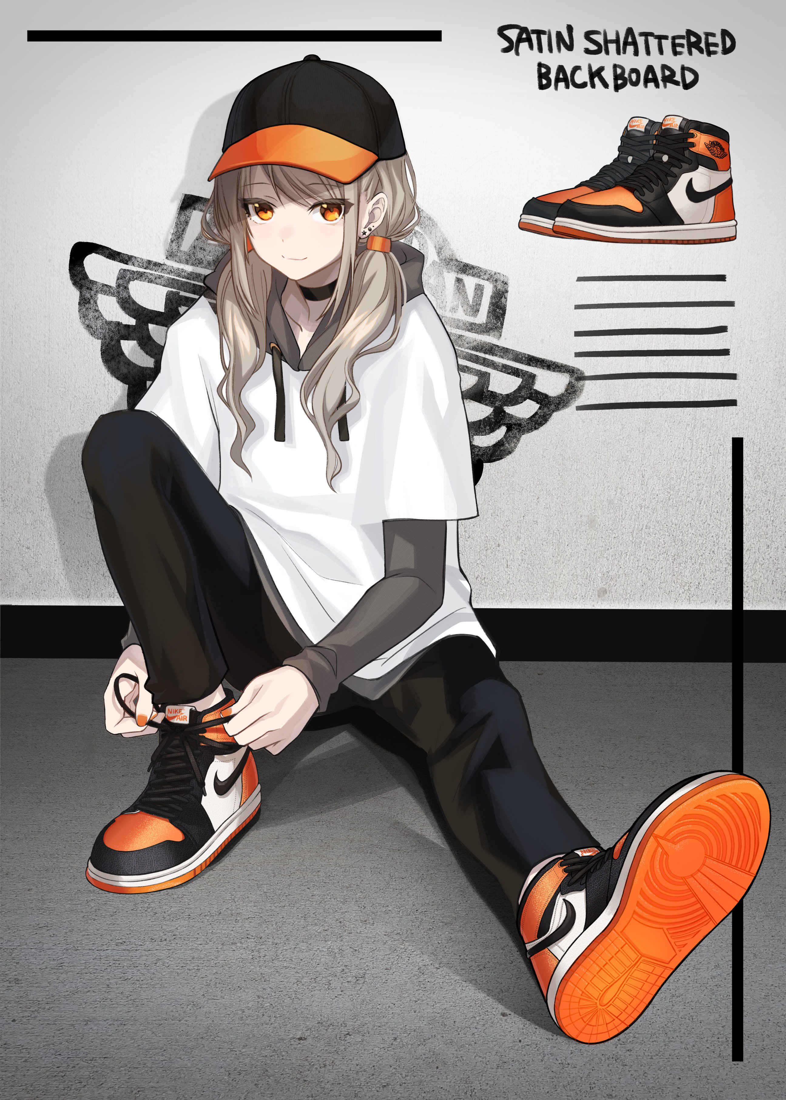 sarukichi, nike (company), original, absurdres, commentary request, highres, 1girl, baseball cap, black choker, black hat, black pants, choker, closed mouth, ear piercing, english text, grey hair, hat, hood, hood down, hoodie, layered sleeves, long sleeves, looking at viewer, low twintails, orange eyes, pants, piercing, shoes, sneakers, solo, twintails, tying footwear