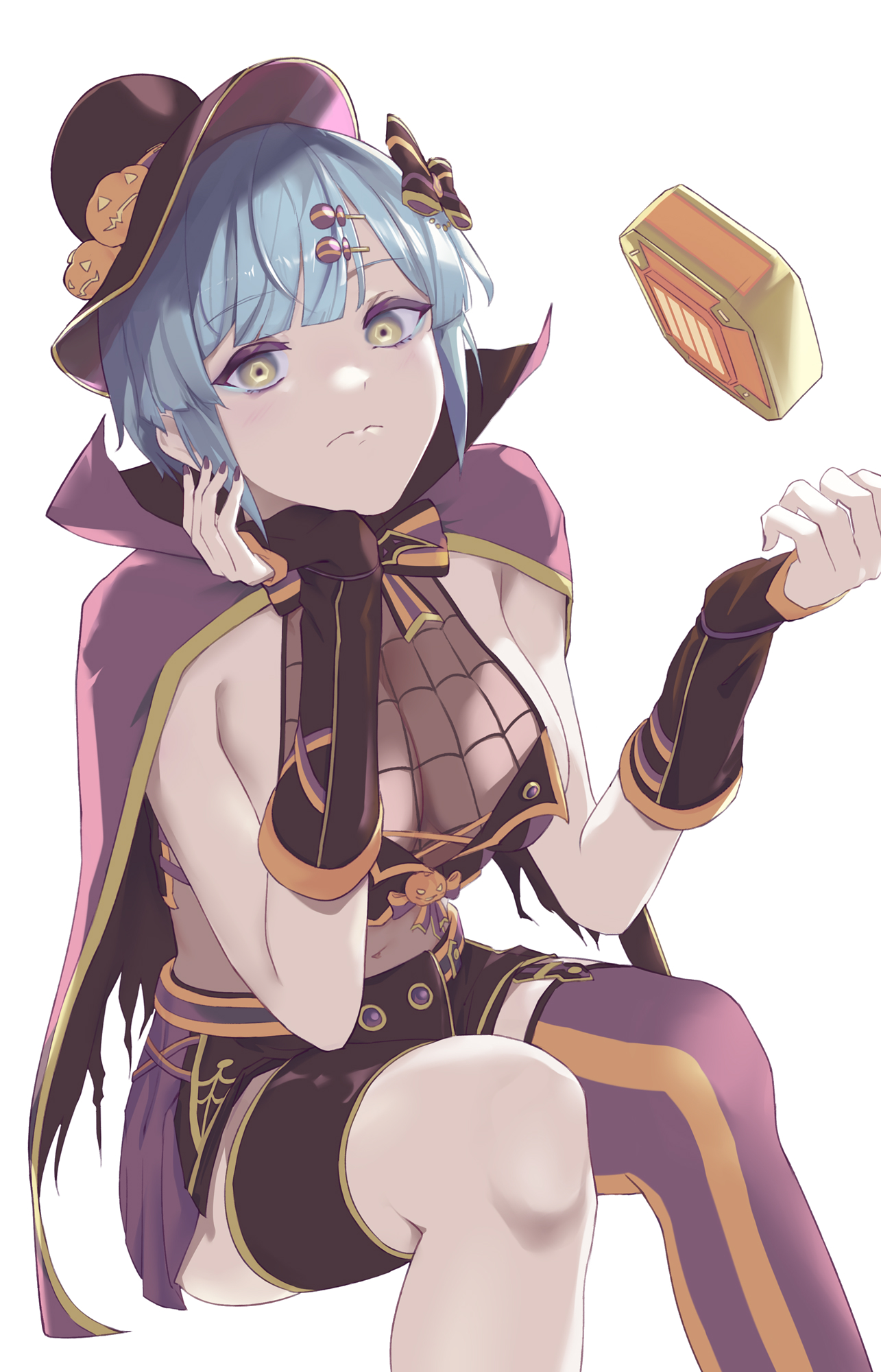 vii (joshuayuen), celine marie noel, black survival, eternal return: black survival, highres, 1girl, black gloves, blue hair, cape, fingerless gloves, floating, floating object, gloves, green eyes, hat, high collar, lollipop hair ornament, looking at viewer, midriff, mismatched thighhighs, purple cape, purple hat, purple nails, see-through cleavage, see-through clothes, short hair, sitting, solo, thighhighs